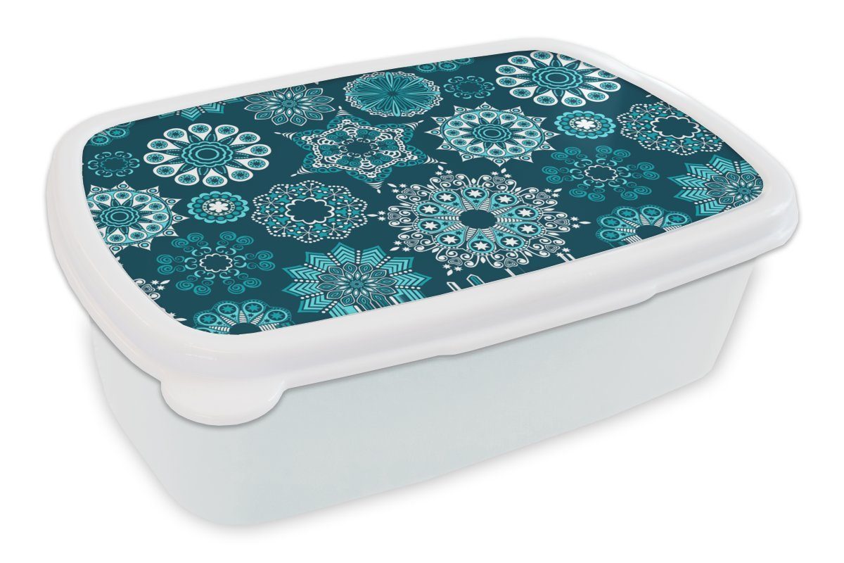 MuchoWow Lunchbox Schneeflocke - Luxus - Blau - Silber - Design, Kunststoff, (2-tlg), Brotbox für Kinder und Erwachsene, Brotdose, für Jungs und Mädchen weiß