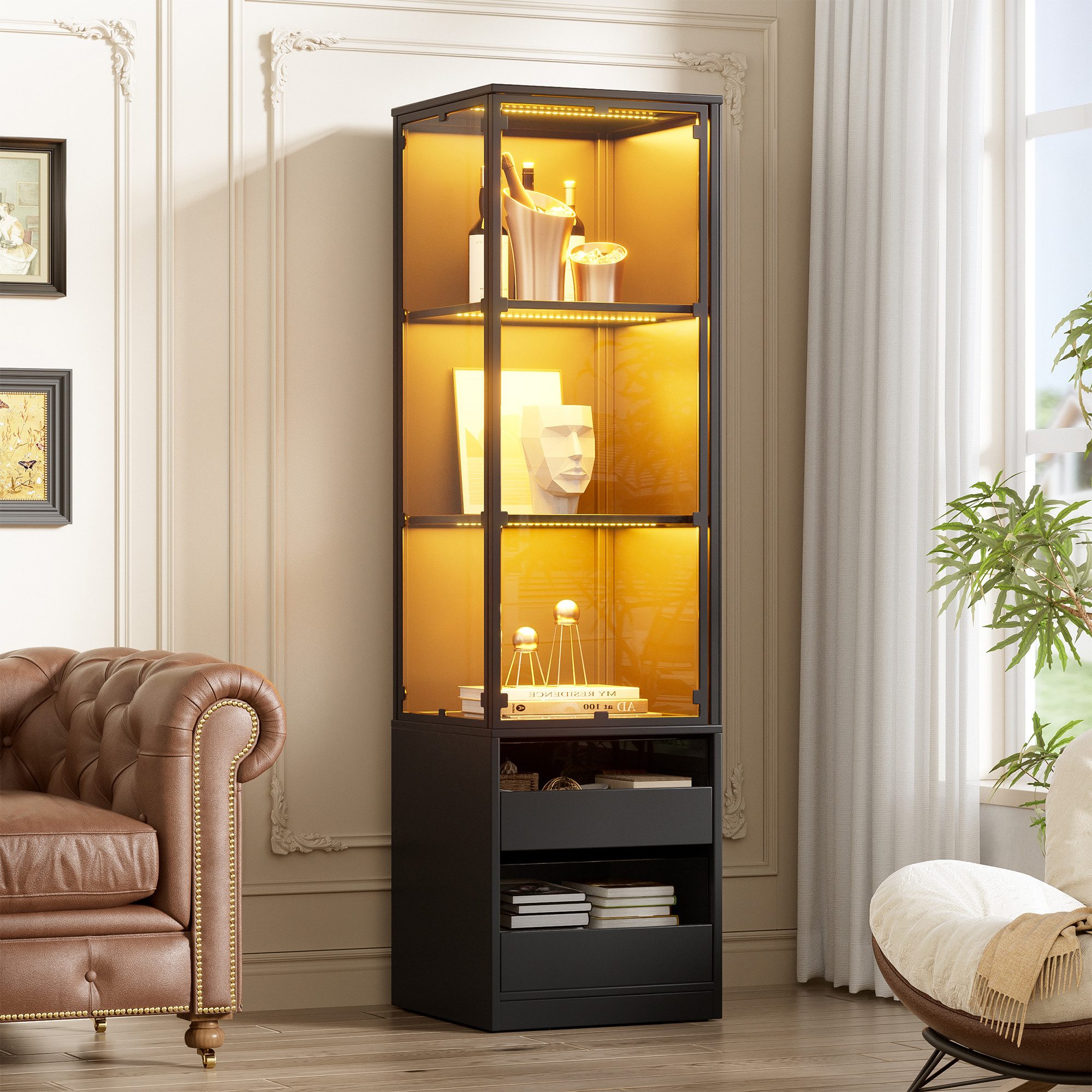 TWSOUL Eckvitrine mit RGB-LED, 160 cm hoch, transparente Acryl-Türen 3 Ablagen & 2 Schubladen, schwarzer Eckschrank für Wohnzimmer