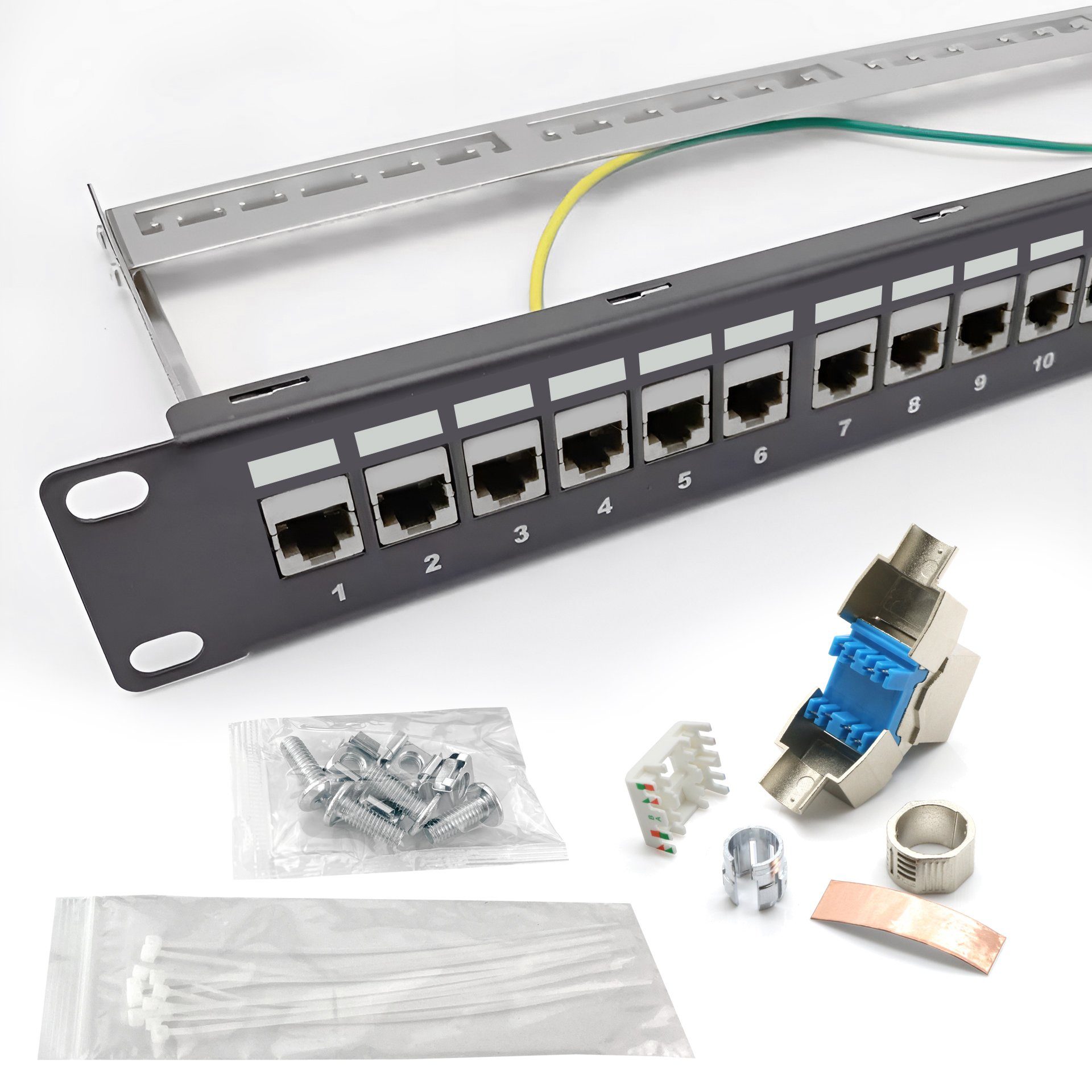 Patchpanel 19" inkl. 24x Cat8.1 Keystone Patchfeld Jack Modular Netzwerk-Patch-Panel