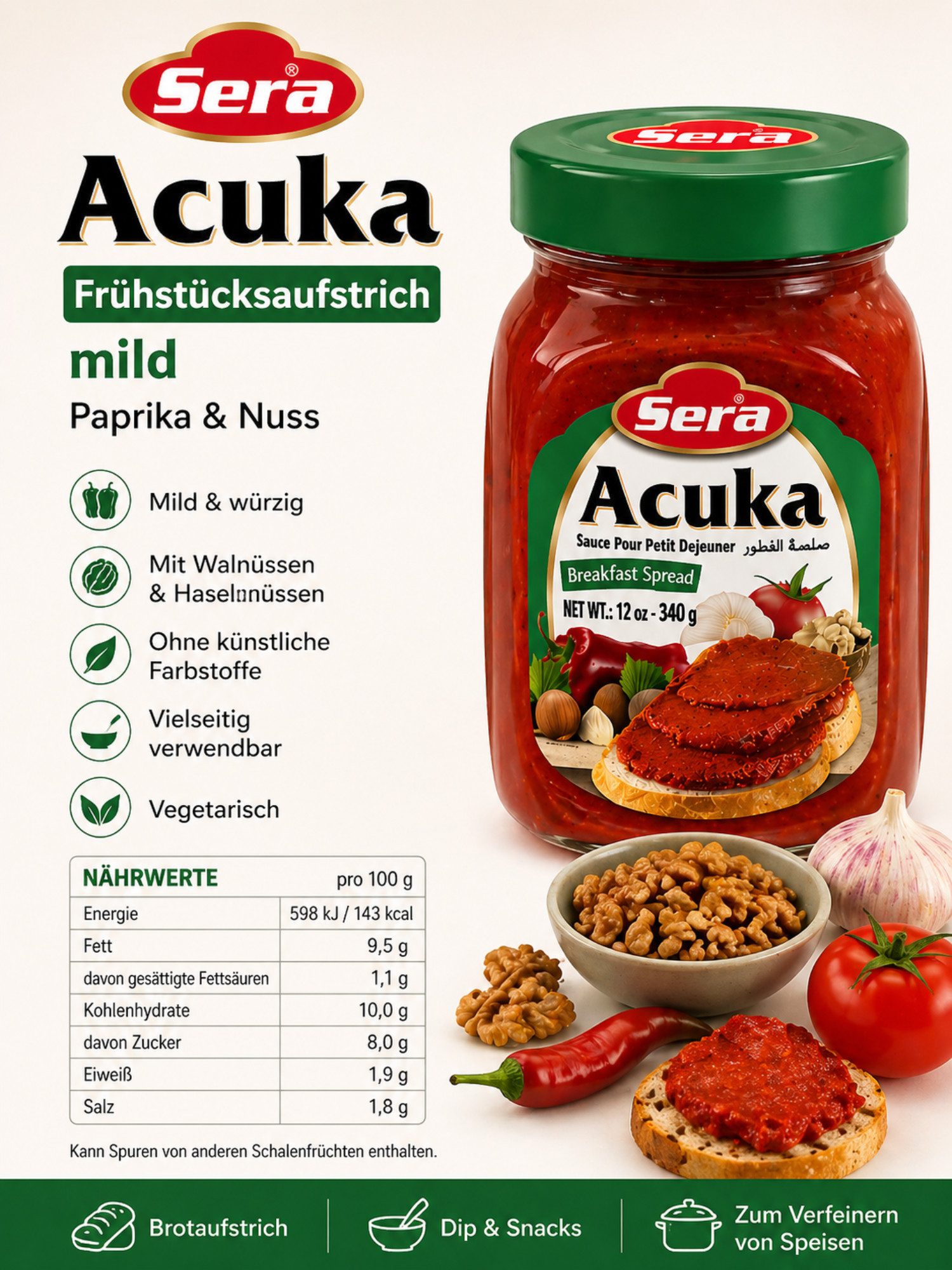 SERA FOOD Saucen Sera Acuka Aufstrich 340g mild Paprika Walnuss Frühstück, 1 x, Ohne künstliche Farbstoffe, Vegetarisch, Aufstrich