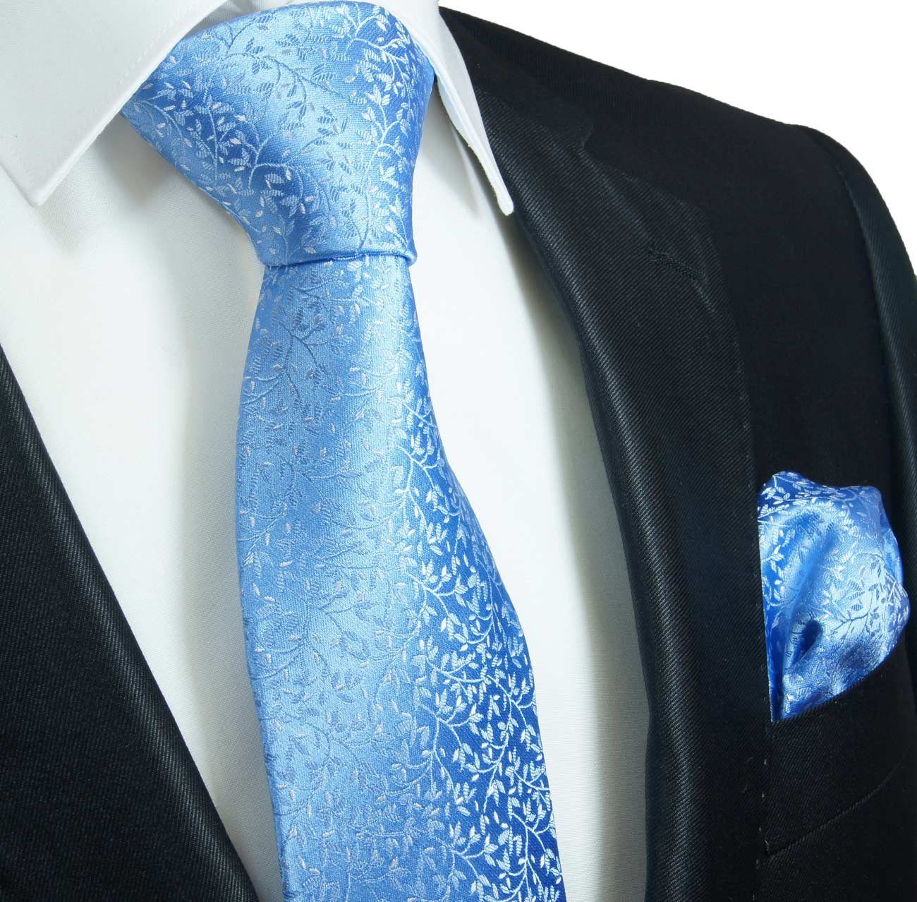 Paul Malone Krawatte Herren Seidenkrawatte mit Tuch modern geblümt 100% Seide (Set, 2-St., Krawatte mit Einstecktuch) Schmal (6cm), Extra lang (165cm), hellblau 2133 | Breite Krawatten