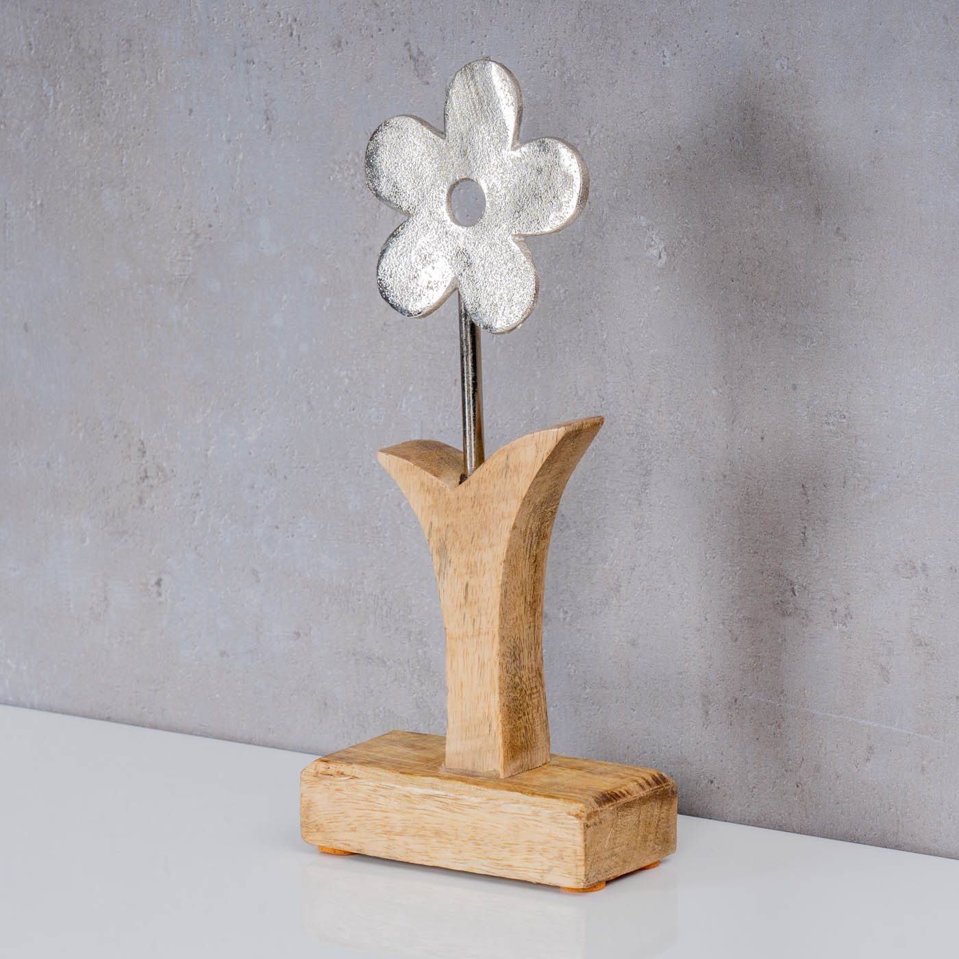 Levandeo® Dekoobjekt, Aufsteller Blume H24cm Mango Metall Holz Braun Silber Tischdeko