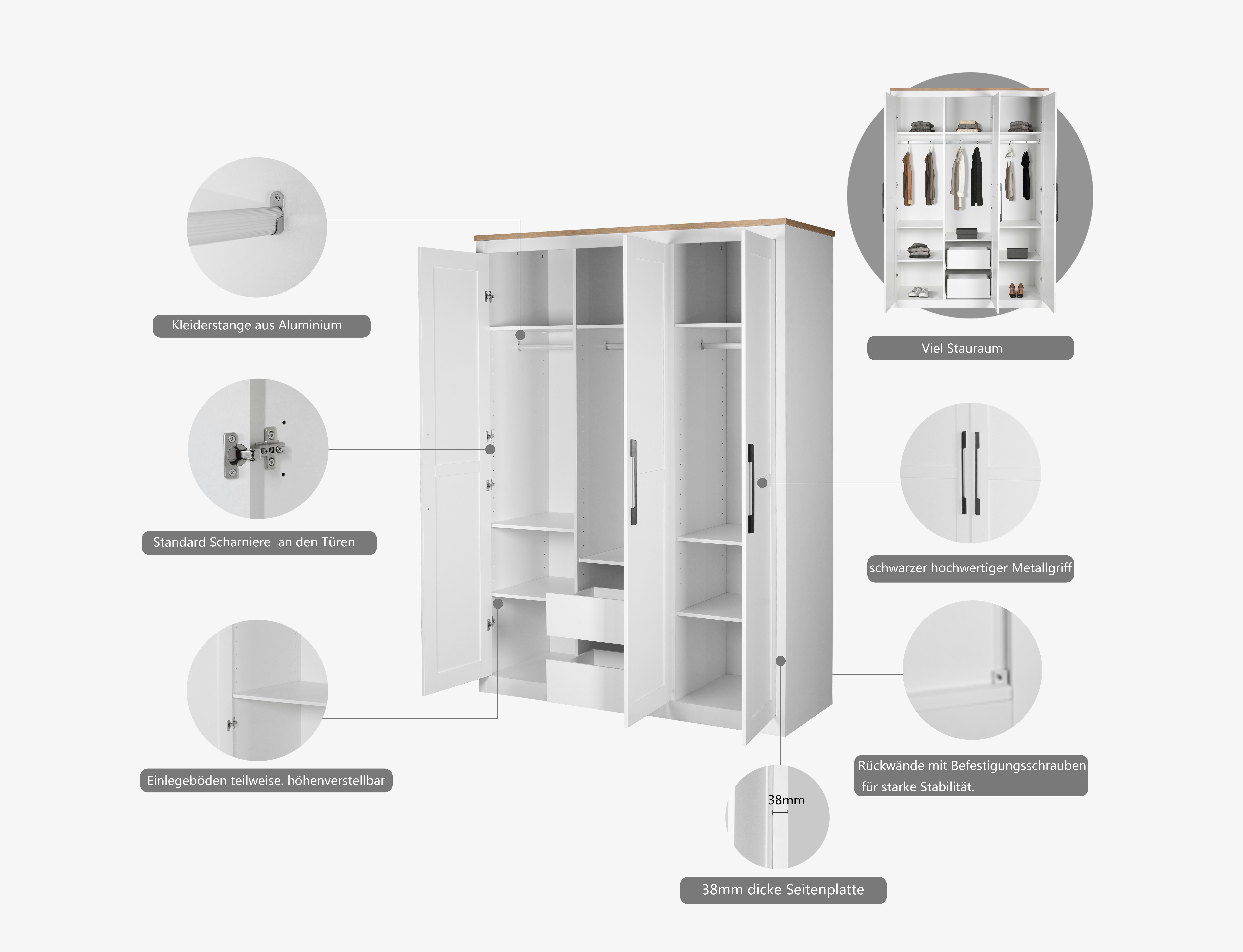 OTTO home Kleiderschrank Büsum Schlafzimmer Schrank (stabile robuste Bauweise mit optimaler Aufteilung) Schlafzimmerschrank Landhaus Design Garderobe Schrank Bestseller