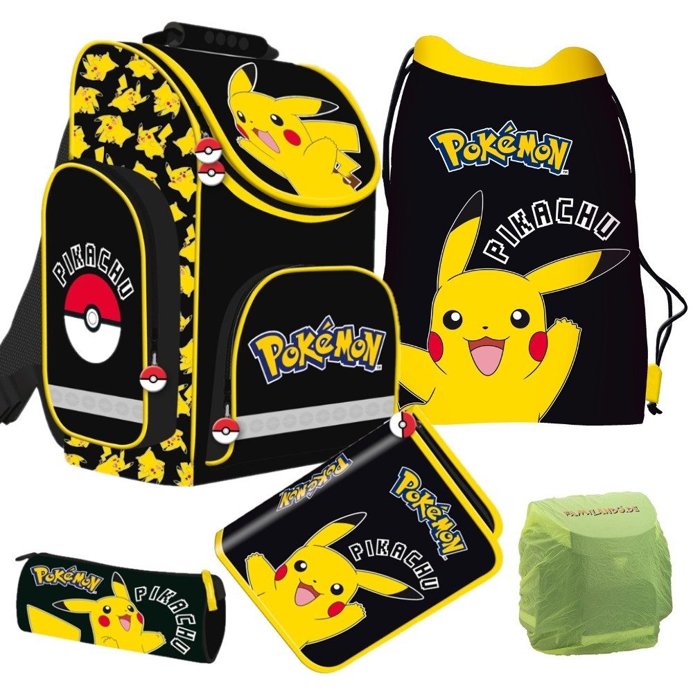 Familando Schulranzen 1. Klasse; ergonomischer Tornister (Set, 5-tlg., inkl. Federmäppchen und Turnbeutel), Pokémon Schultasche Pikachu Pokemon