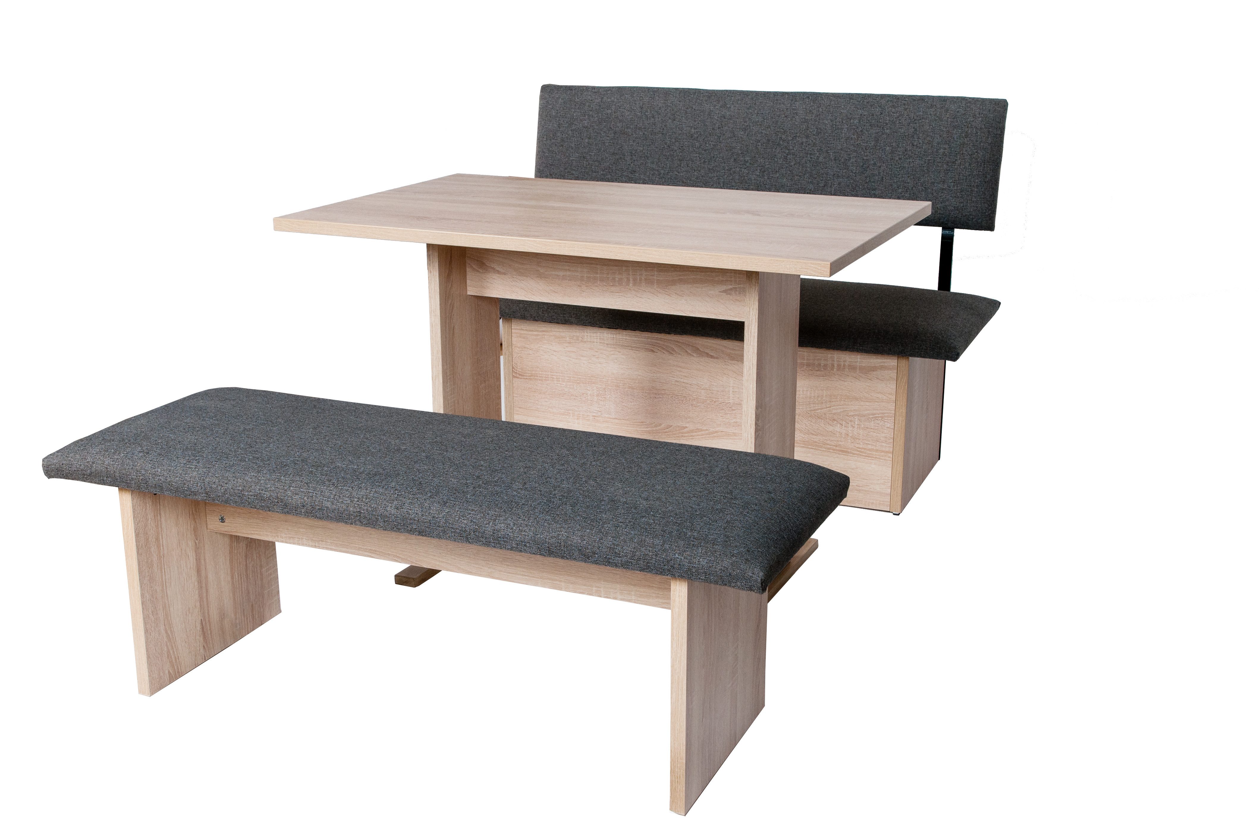 kundler home Eckbankgruppe Sitzbank mit Truhe, Eckbank gepolstert, L125cm, Säulentisch Set 3-tlg., bestehend aus 1 Esszimmerbank mit Stauraum, 1 Sitzbank, 1 Esstisch