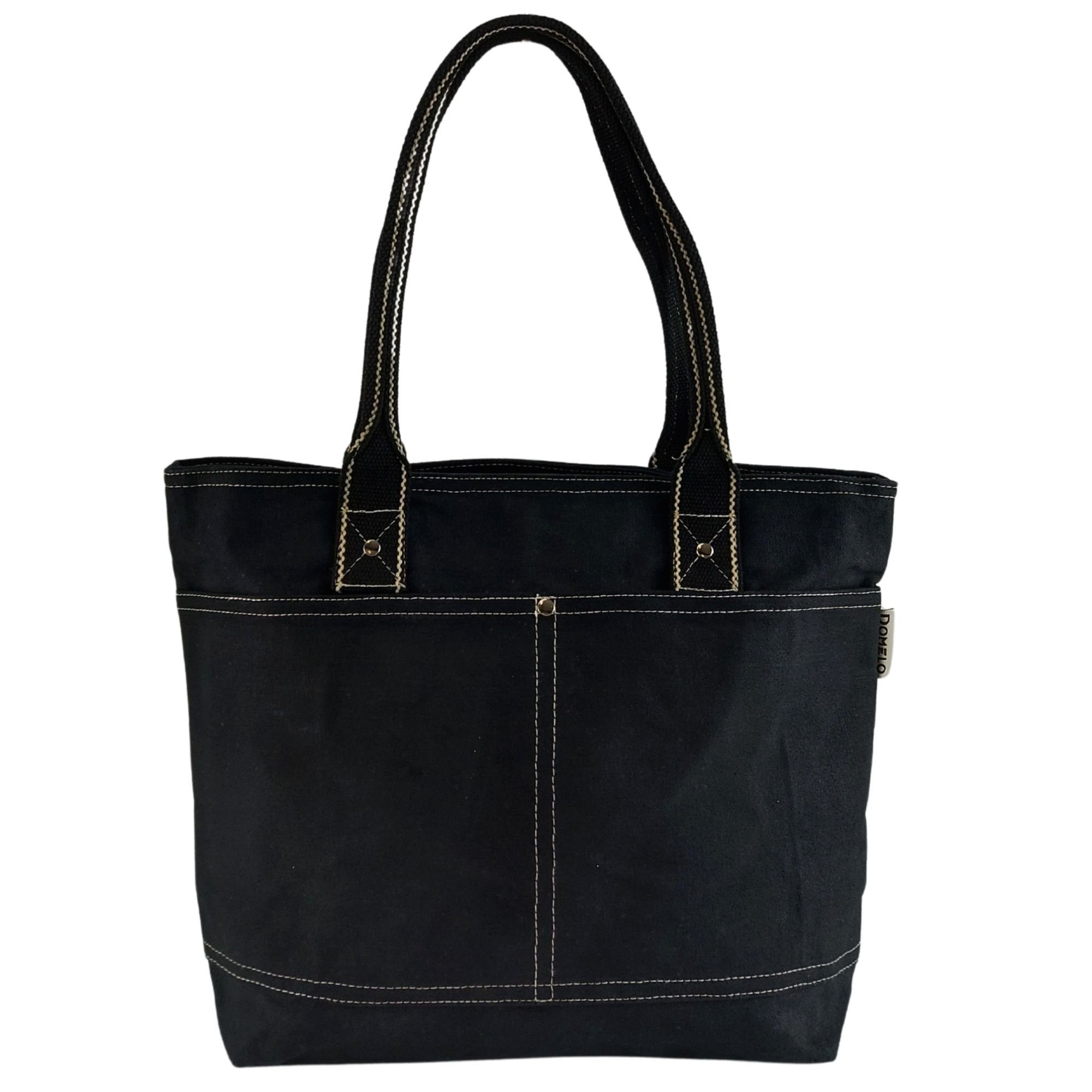 Domelo Shopper 52636 vegane Handtasche Schultertasche schwarz aus gewachstem Canvas, wasserabweisend, schlichte Optik, vegan, Upcycling Tasche aus gewachstem Canvas, wasserabweisend, DIN A4 geeignet