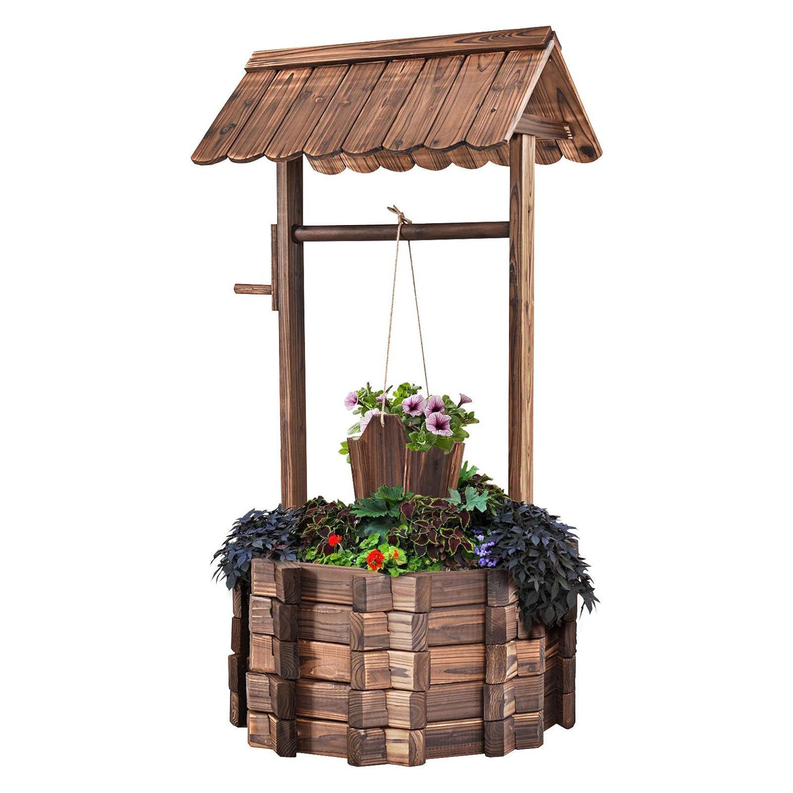 KOMFOTTEU Gartenbrunnen Wunschbrunnen mit Dach, aus Tannenholz, Garten Dekoration