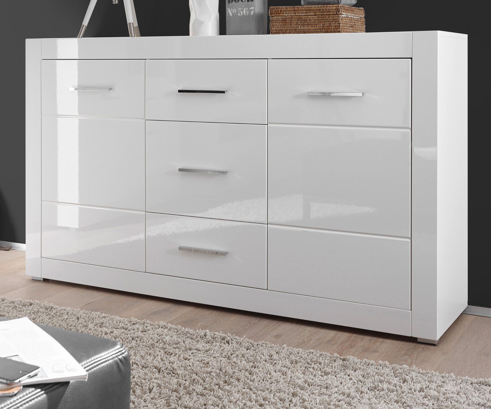 Furn.Design Sideboard Carrara (Kommode in weiß Hochglanz, 164 x 97 cm), mit viel Stauraum
