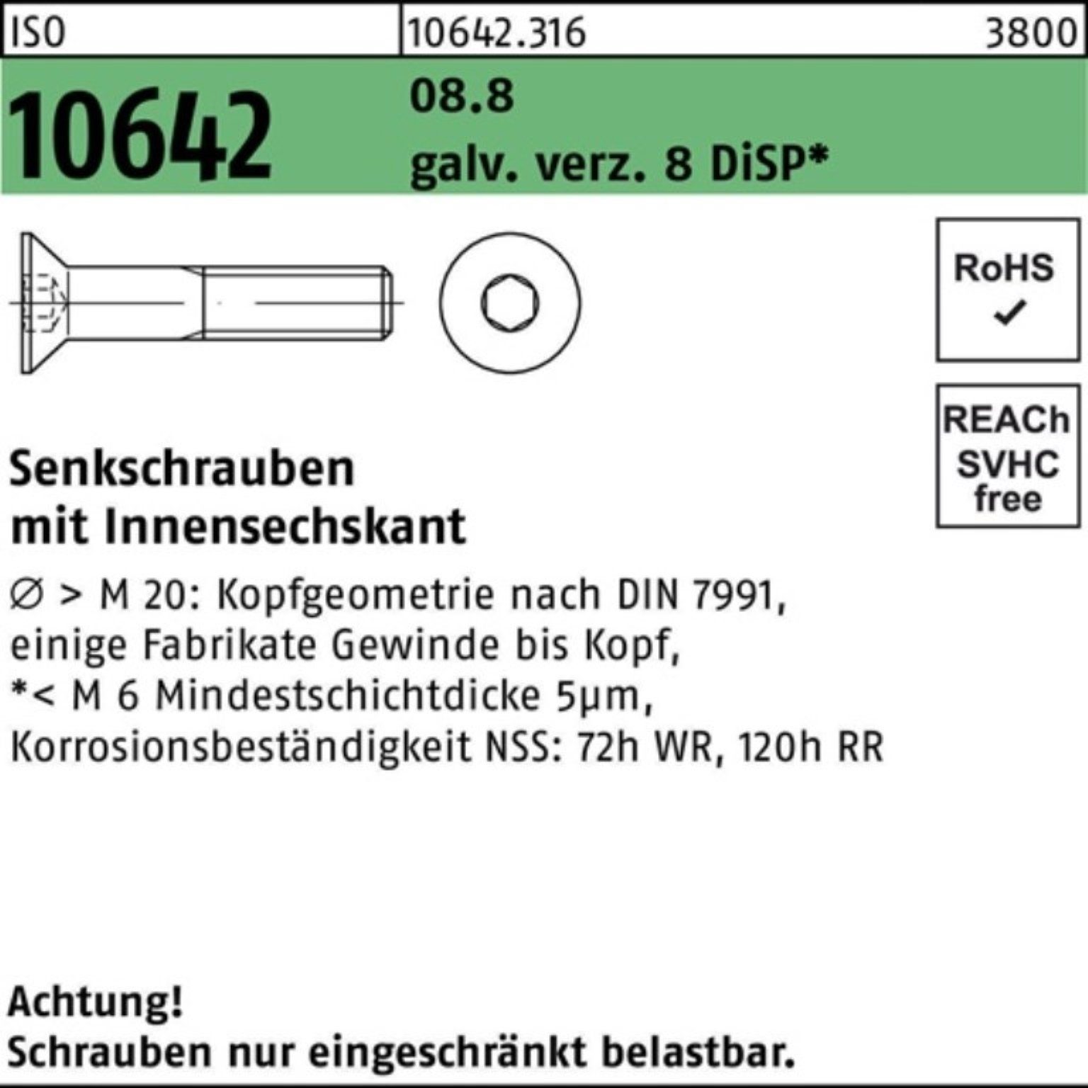 Reyher 10642 M12x25 Pack Innen-6kt ISO 8 100er Senkschraube Senkschraube 8.8 Di galv.verz.