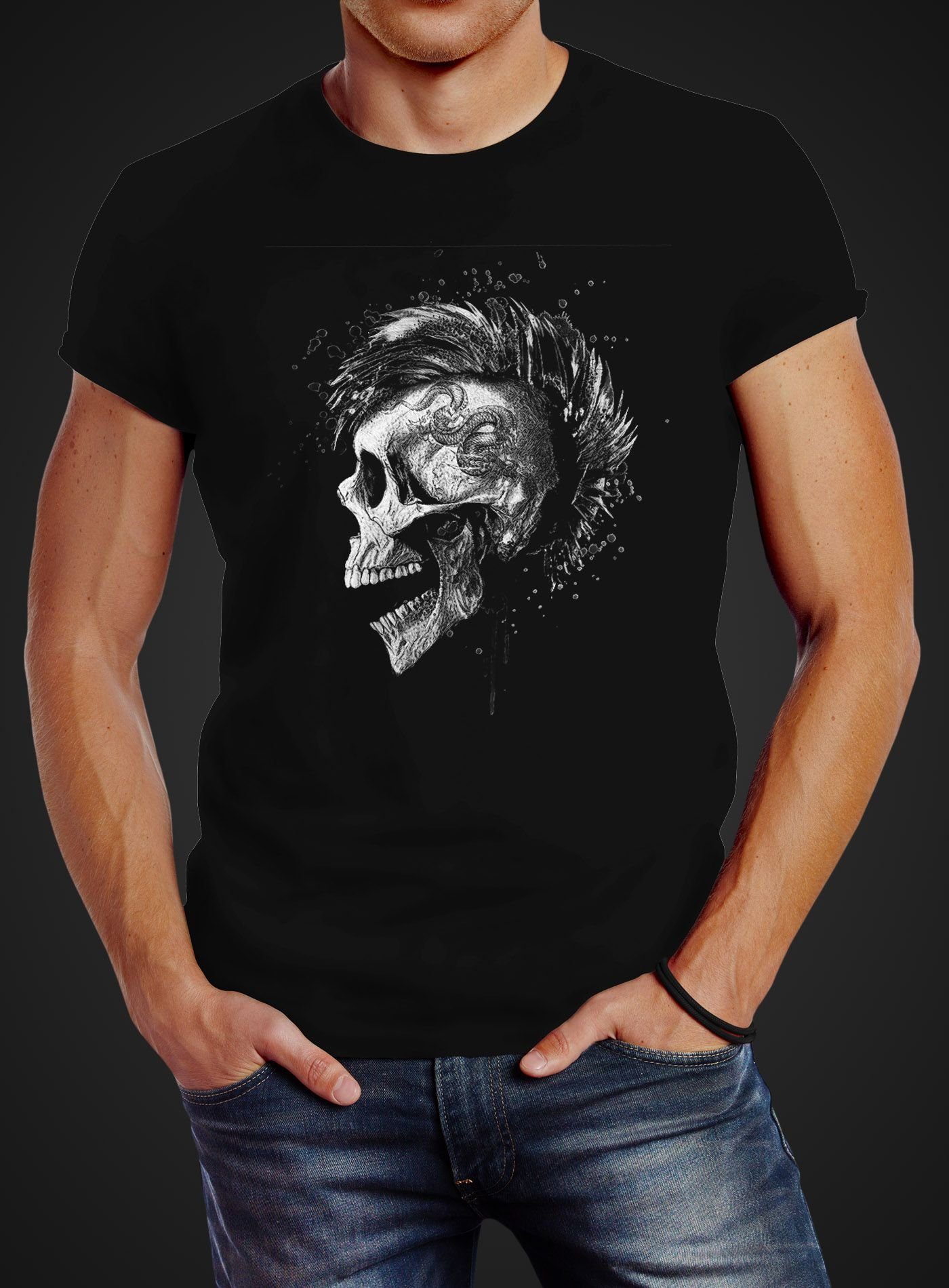 Neverless Print-Shirt Herren T-Shirt Punk Mohawk günstig online kaufen