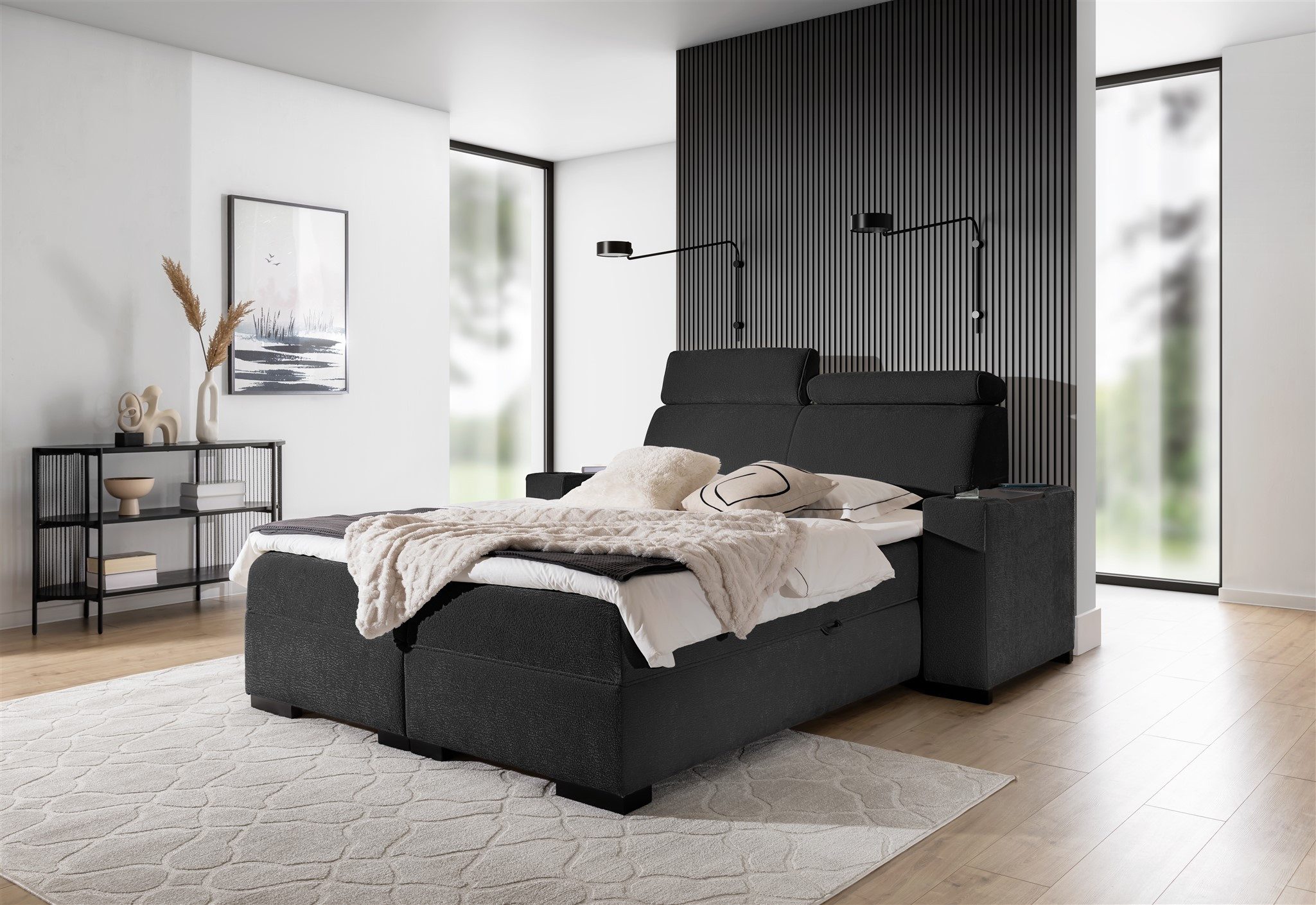 Fun Möbel Boxbett Bett NESTOR in Stoff Dress Me Set.2 inkl. 2 x Nachttisch (inkl. Bettkasten und Topper, Einstellbare Kopfstützen), Nachttische mit Stauraum, Becherhalter und Handy-Ladegerät