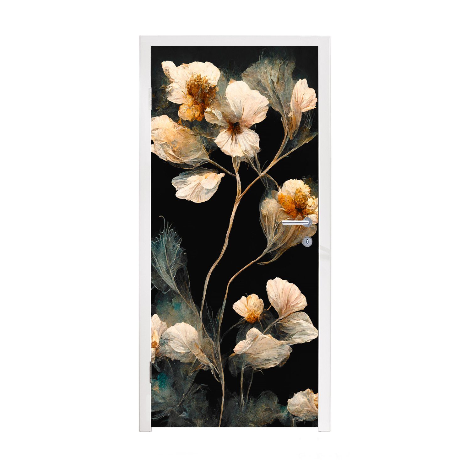 MuchoWow Türtapete Blumen - Schwarz - Pflanzen - Vintage, Matt, bedruckt, (1 St), Fototapete für Tür, Türaufkleber, 75x205 cm