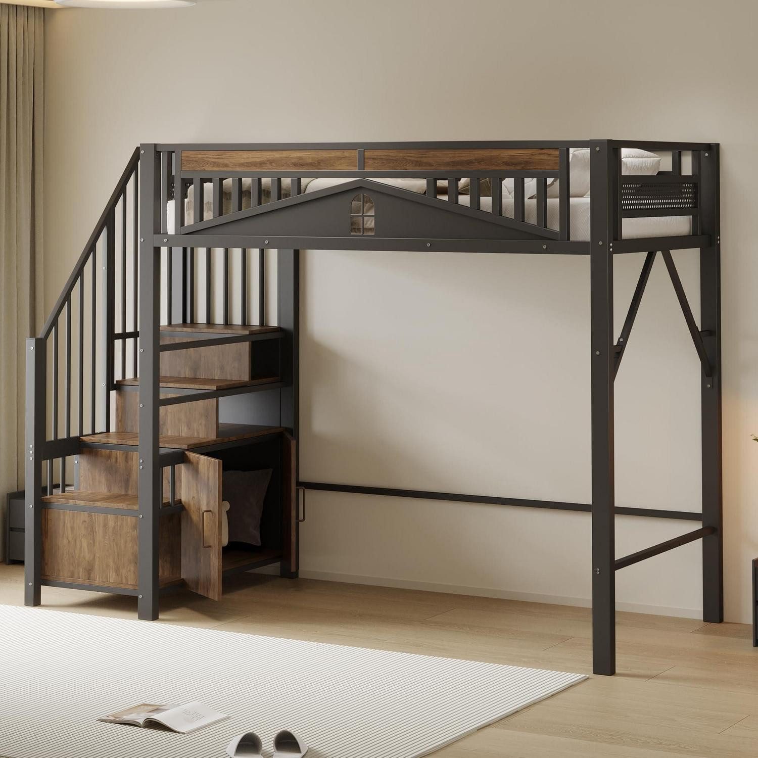 LuxusKollektion Hochbett Hochbett Metall 90x200 cm schwarz mit Stauraum (1-St)