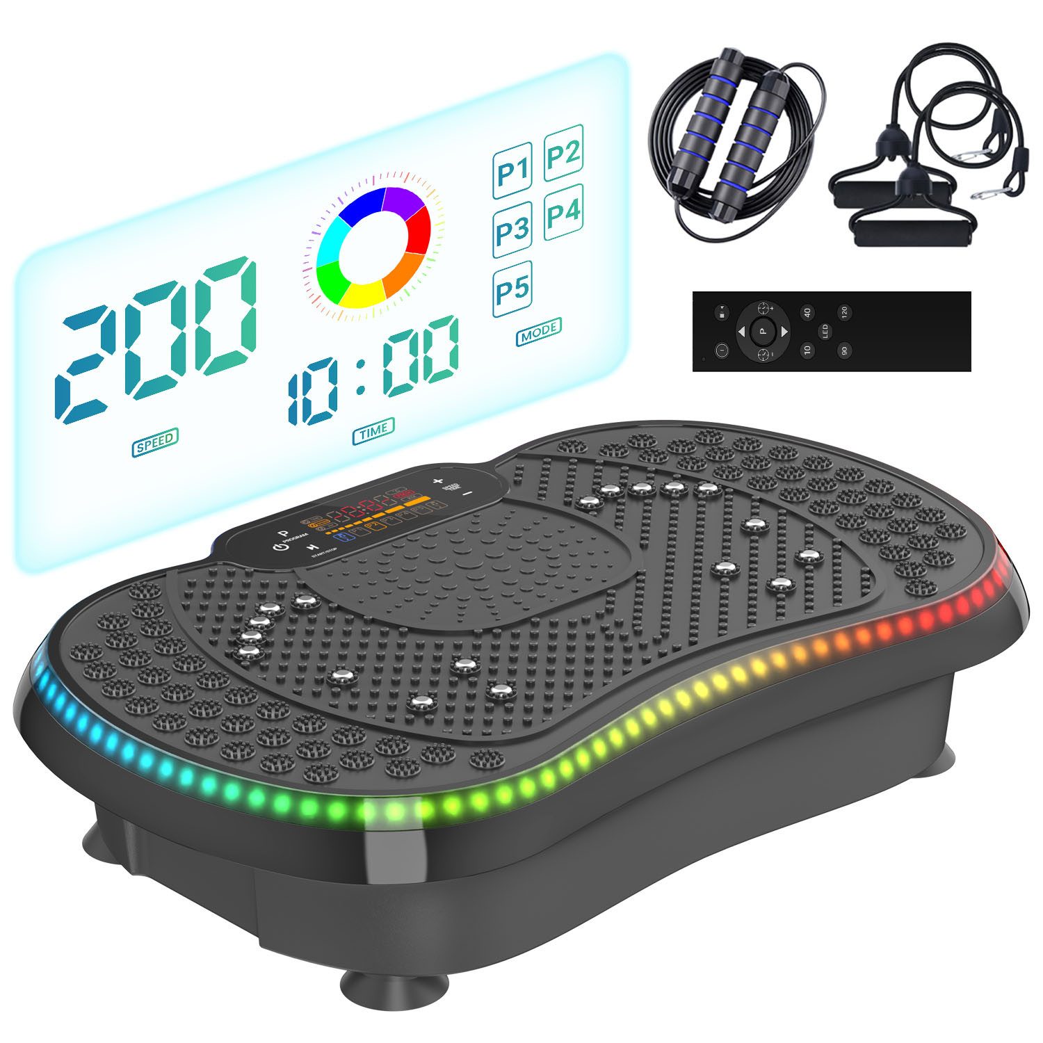 Dskeuzeew Vibrationsplatte Vibrationsplattform mit bürstenloser Motor 200 W - 9 LED-Leuchten, 200 W, 200 Intensitätsstufen, (Set, Tragkraft 150 kg - inkl. Trainingsbänder), Mit Springseil und robustem Trainingsband