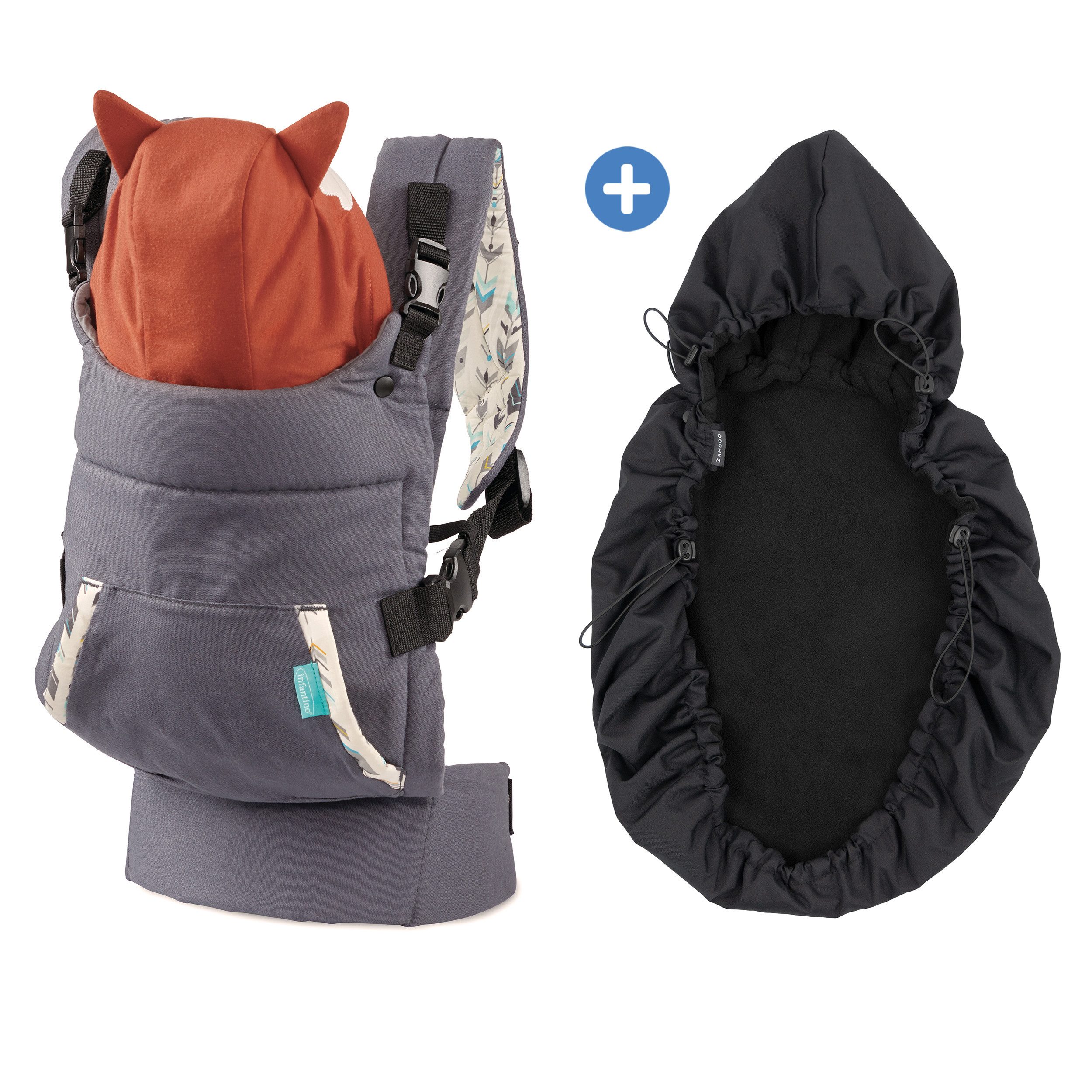 Infantino BKids Babytrage Cuddle Up - Fuchs - Grau, Baby Bauchtrage Rückentrage ab Geburt von 5,4-18,1 kg mit Regenschutz