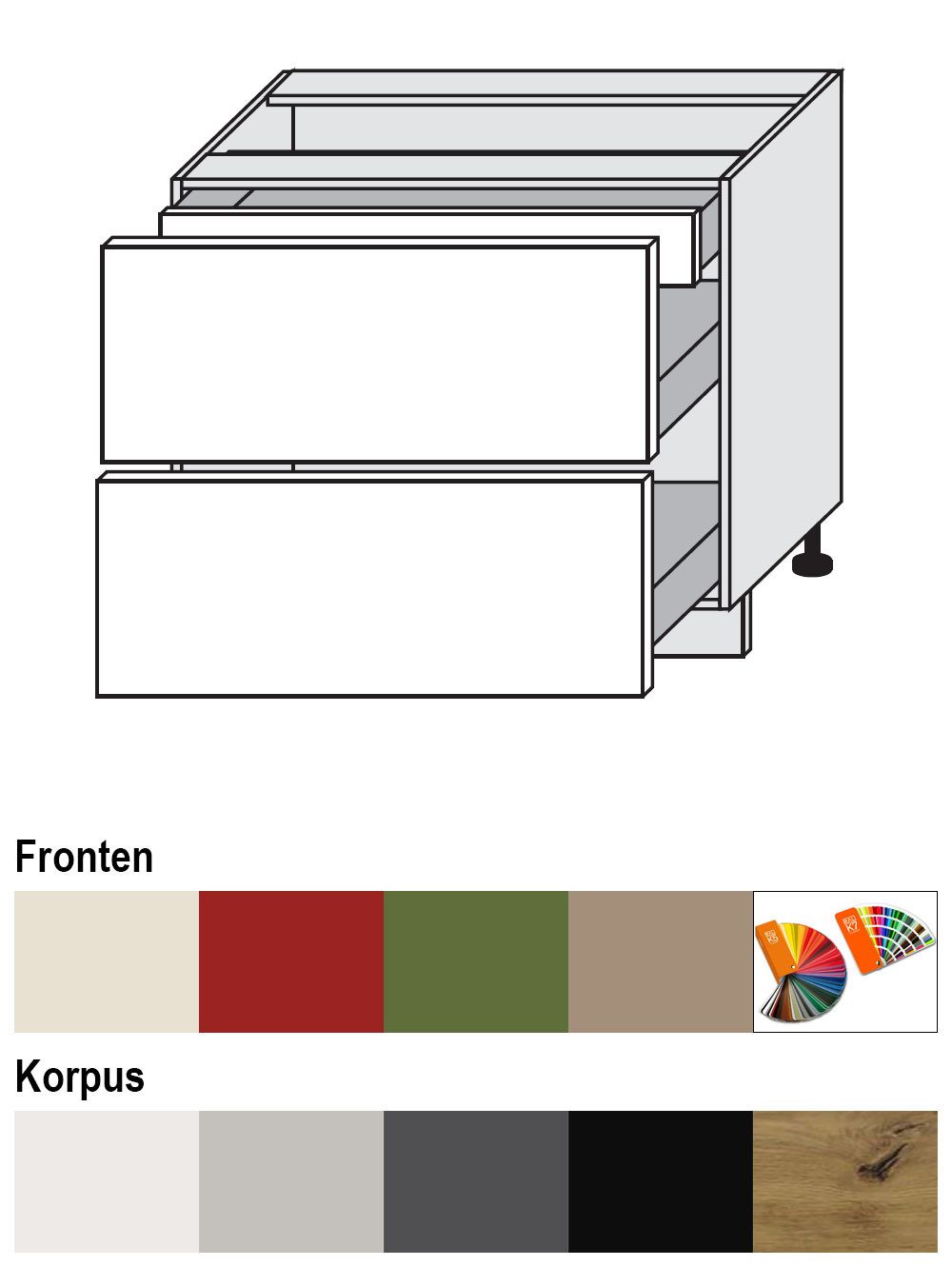 Feldmann-Wohnen Unterschrank Brerra (D2A/90/1A, 2 Schubladen + Innenschublade, HETTICH InnoTech Atira, 1-St., moderne Optik, lackierte Fronten, 90x50x82cm) lava / RAL 6025 farngrün matt