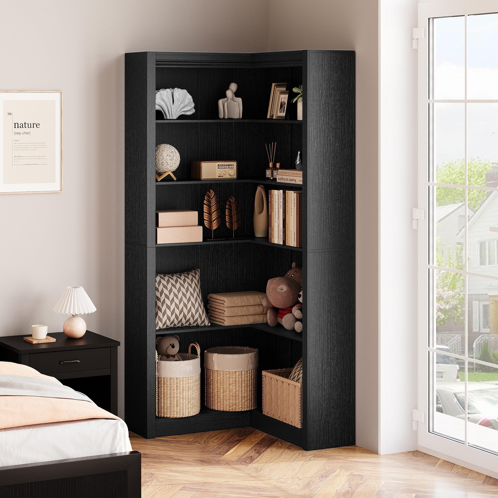 GarveeMore Eckregal 5-stufiges L-förmiges Eckbücherregal Standregal Mehrzweckregal, Moderne Landhausmöbel Große Kapazität Stauraumregal 182.5cm Hoch Regal