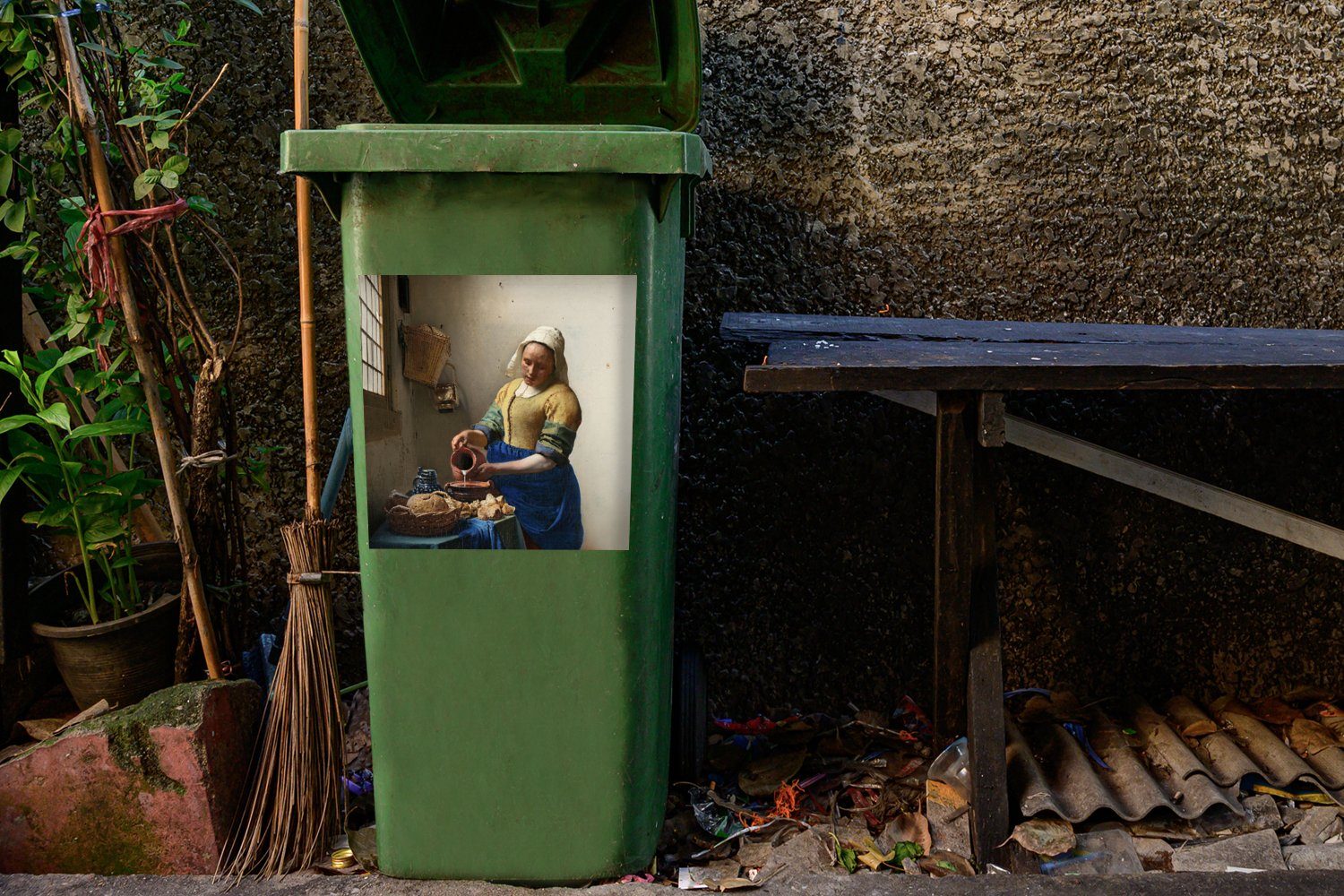 Sticker, MuchoWow - Mülltonne, Das Meister Kunst St), Wandsticker - Abfalbehälter - (1 Container, Alte Vermeer Milchmädchen Mülleimer-aufkleber,
