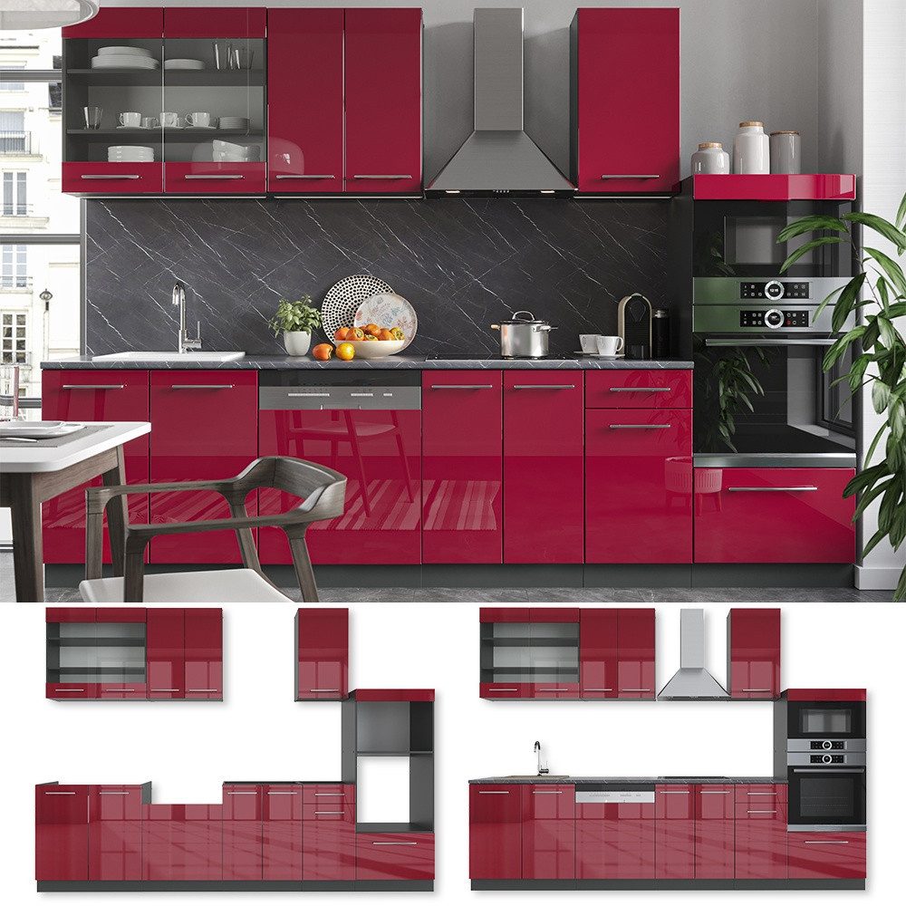 Vicco Küchenzeile Fame-Line Bordeaux HG/Anthrazit 300cm mit Hochschrank ohne AP – Bild 5 von 5