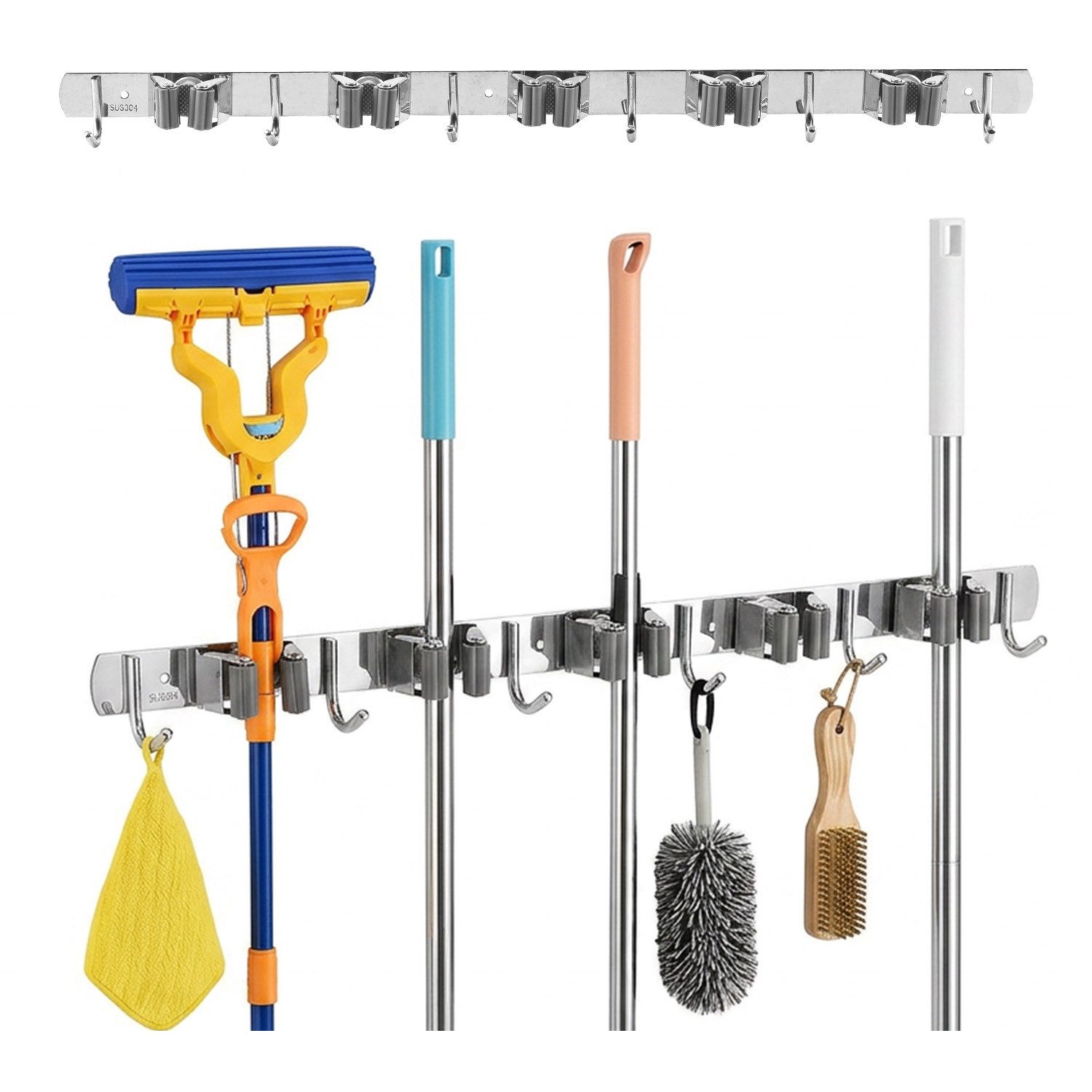 Maclean Wandhalterung MC-185 für Gartengeräte, Mops und Besen 20 kg 60 cm, (mit Haken, Edelstahl SUS304, Abstand zwischen den Haken: 115 mm)