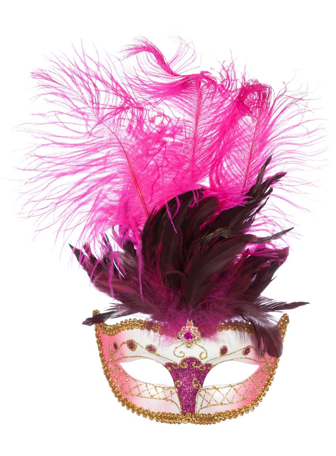 Metamorph Verkleidungsmaske Venezianische Kunststoffmaske mit rosa Federn, Kostengünstige Federmaske für Karneval in Venedig und Krimidinner