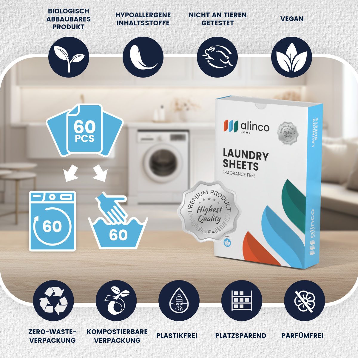 alinco MARKET Waschmittelblätter Vollwaschmittel (60 Waschblätter pro Packung Hypoallergen, parfümfrei, biologisch abbaubar, Zero Waste, [- 60 Waschblätter, alle Temperaturen, Weiß- und Buntwäsche Hypoallergen, parfümfrei, biologisch abbaubar, Zero Waste)