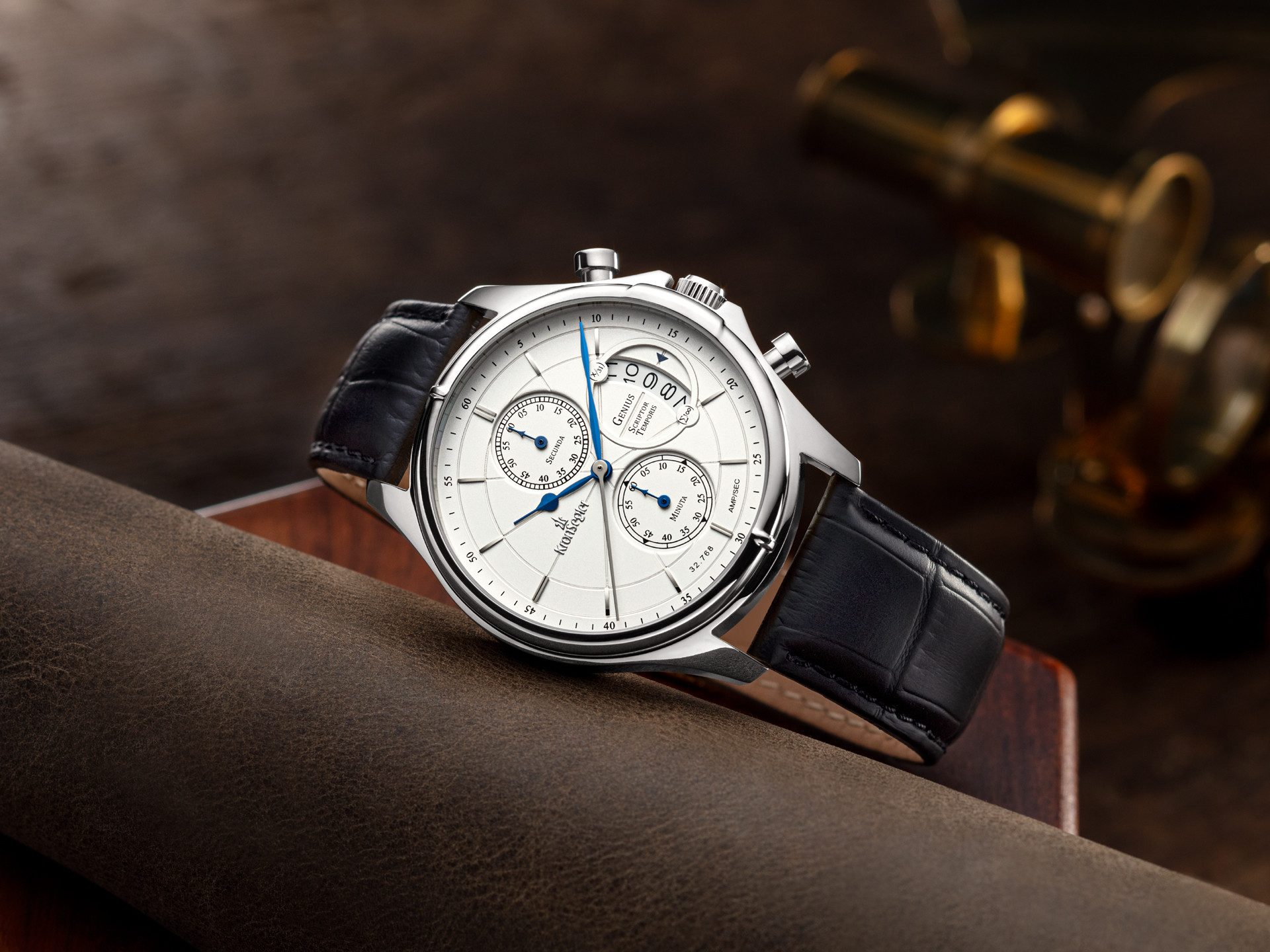 Kronsegler Chronograph Genius - Scriptor Temporis Herrenchronograph, Lederband mit Schnellwechselstegen, Datum, Flankenschutz, Stopp