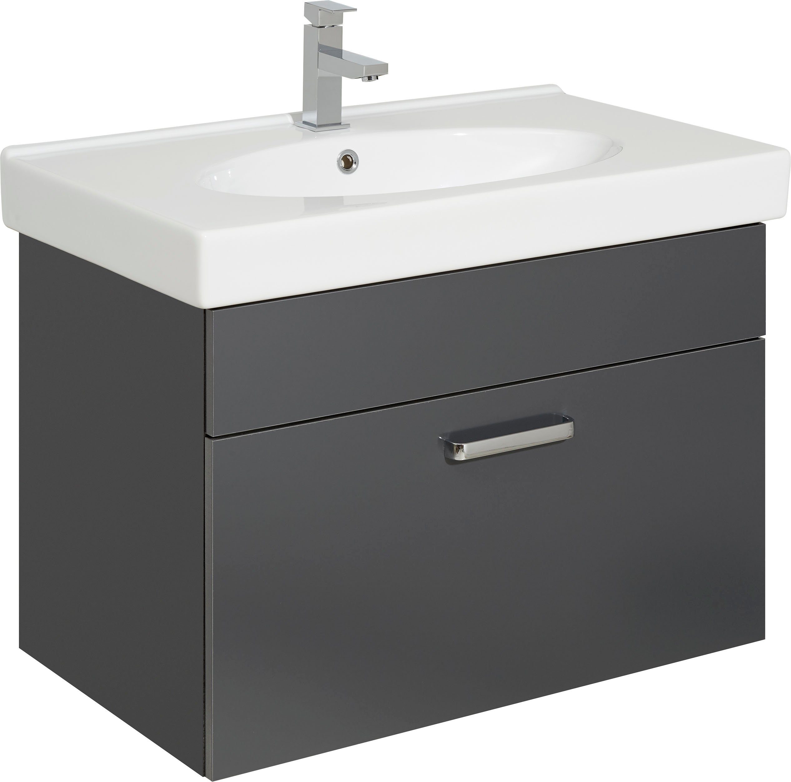 Saphir Waschtisch Quickset Keramikwaschtisch mit Unterschrank, 80 cm breit, Wachplatz, Griffe Chrom Glanz, mit Softeinzug, 1 Schublade