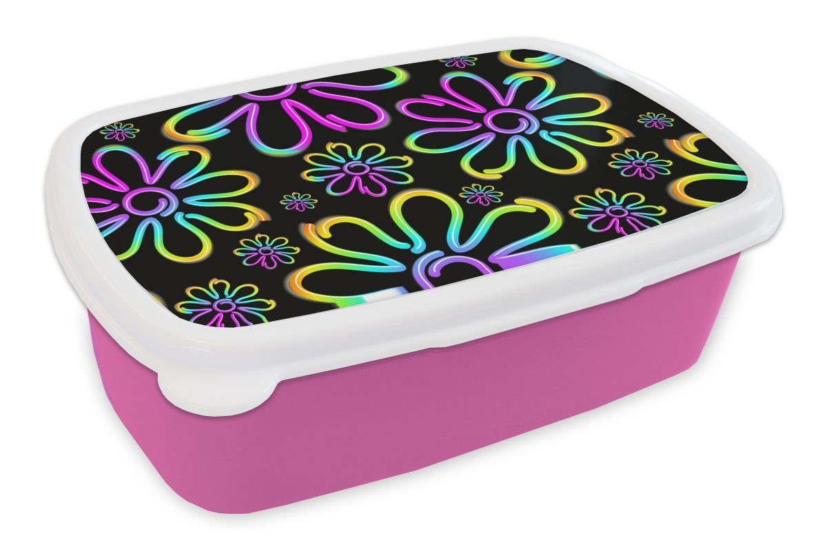 Muster Lunchbox Erwachsene, Mädchen, Brotbox Blumen - MuchoWow Snackbox, (2-tlg), rosa Neon Kunststoff, Kinder, Psychedelisch, für - - Kunststoff Brotdose