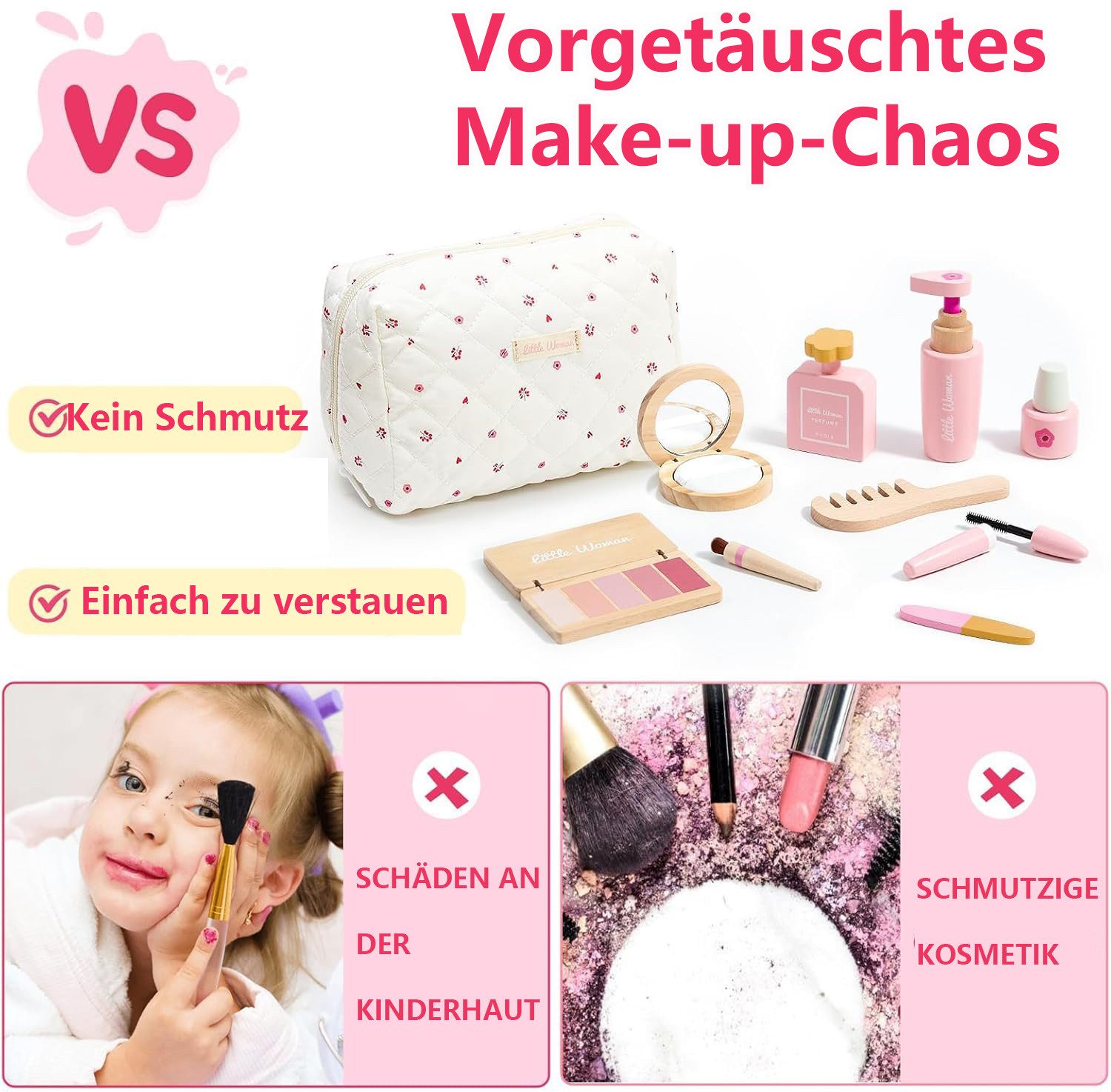 Zaewry Spielzeug-Frisierkoffer Holz Kinderschminke Set Mädchen,Make-up-Spielzeug,Schminkkoffer, 15-tlg., Rollenspiel für Kinder,tragbares Spielzeug,Holzspielzeug