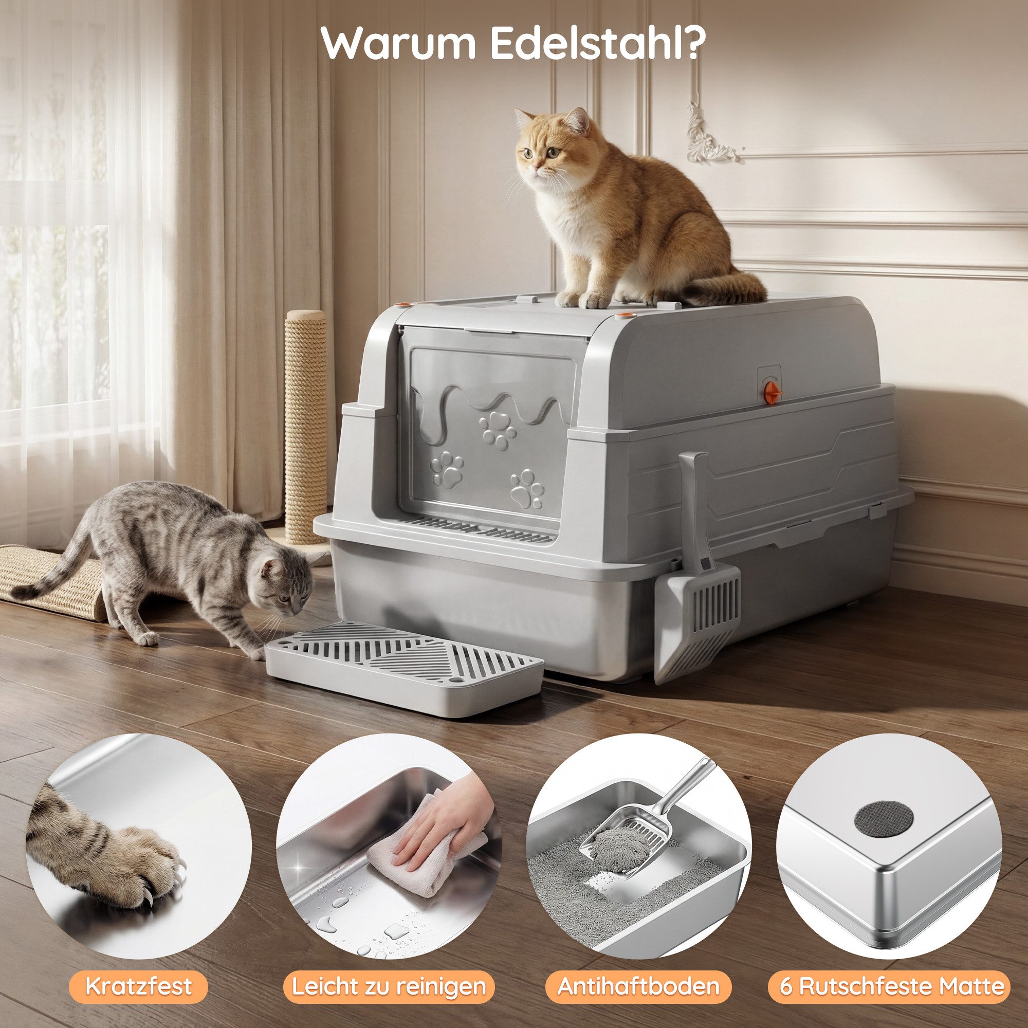 HOMALL Katzentoilette XXXL Katzenklo edelstahl,120L Großkapazität,70cm*50cm, Geruchsdicht & Auslaufsicher,Für Mehrkatzenhaushalte