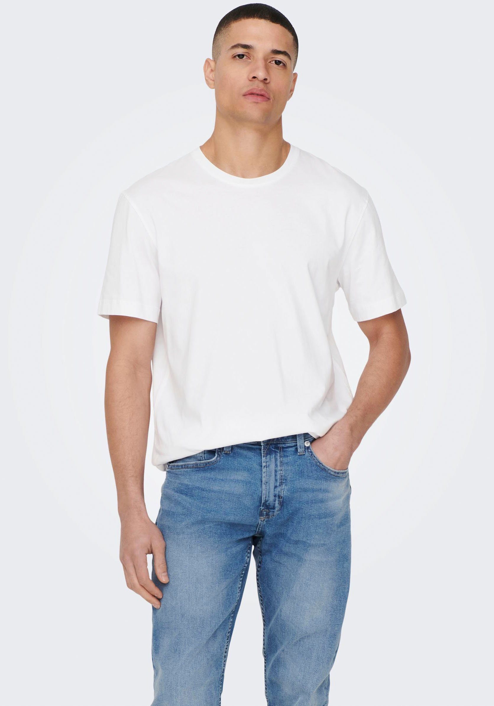 ONLY LIFE SONS White Rundhalsshirt SS STITCH ONSMAX & NOOS TEE