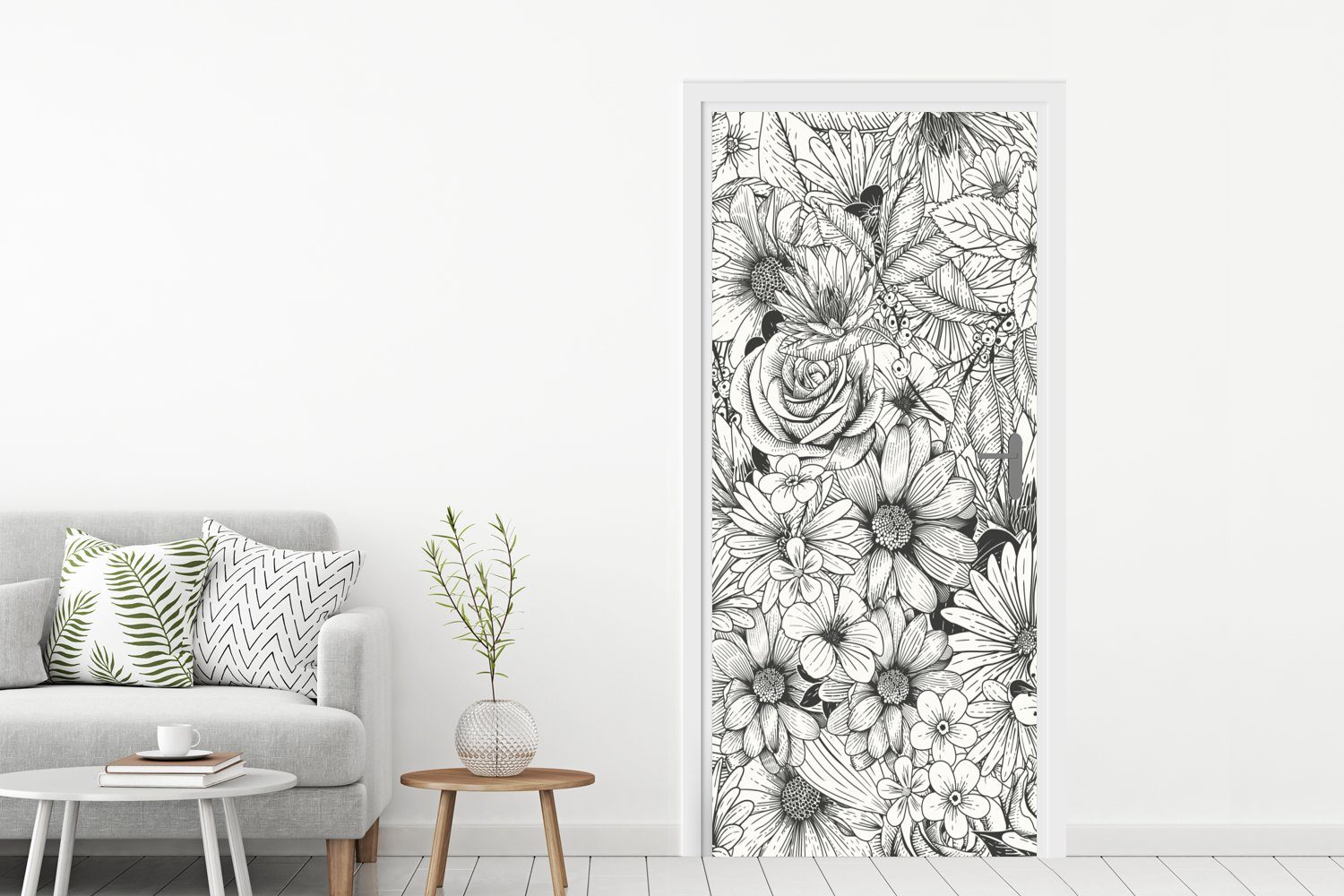 Illustration, (1 florale 75x205 Matt, cm Türaufkleber, St), schwarz-weiße Fototapete Tür, bedruckt, für Eine Türtapete MuchoWow