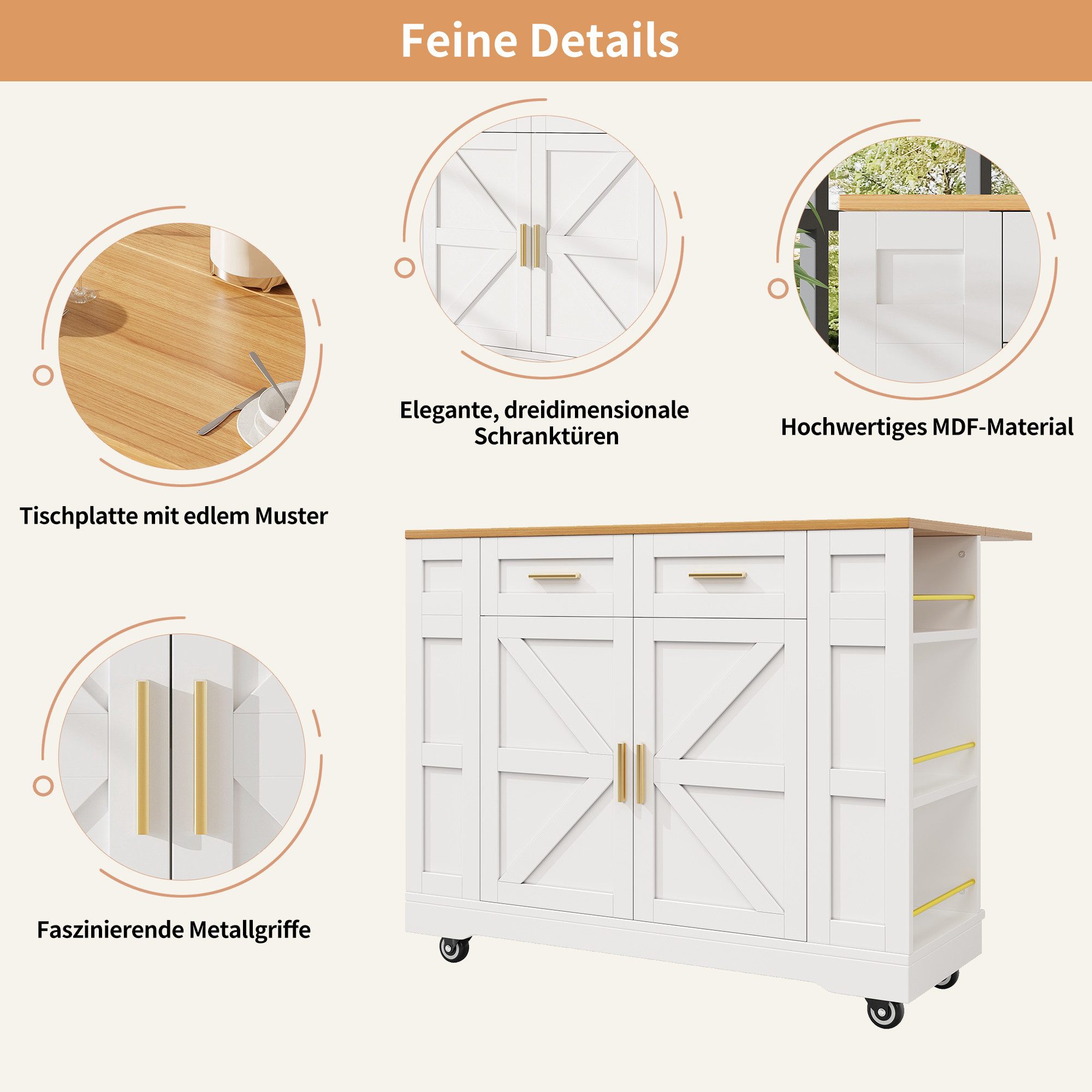 KLAM HOME Küchenwagen Moderne Kücheninsel, Küchenschrank, für Küche, Esszimmer & Wohnzimmer, (Multifunktionale Esstisch mit Speicherraum, Skandinavischem Design), Speisewagen mit Stretchfunktionsschränken