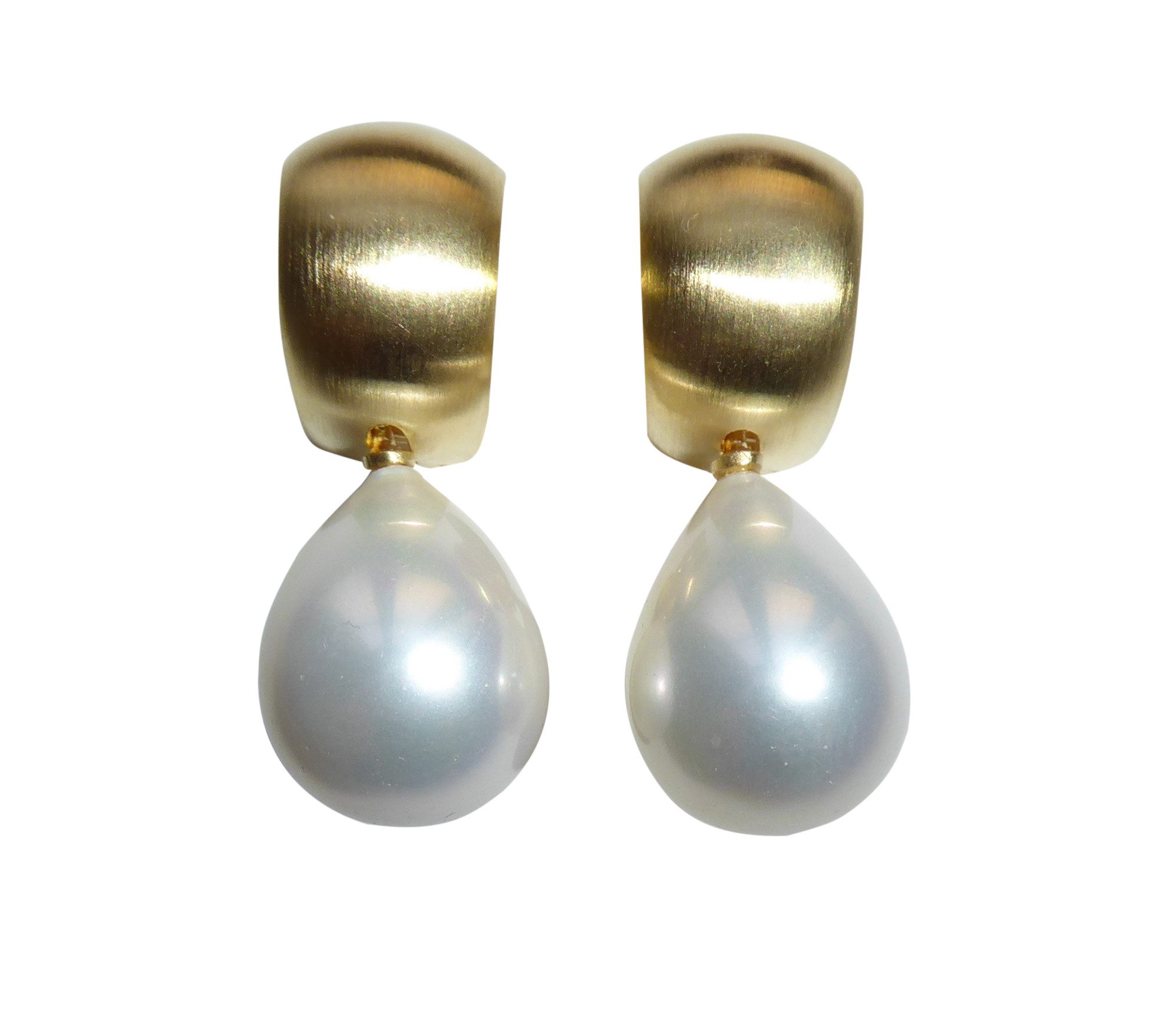 Mugello Paar Ohrclips Goccia Muschelkern Clips Creole weiß gold-platt. hochwertig, Perlenschmuck für Frauen, Creole Goldschmiedearbeit aus Deutschland