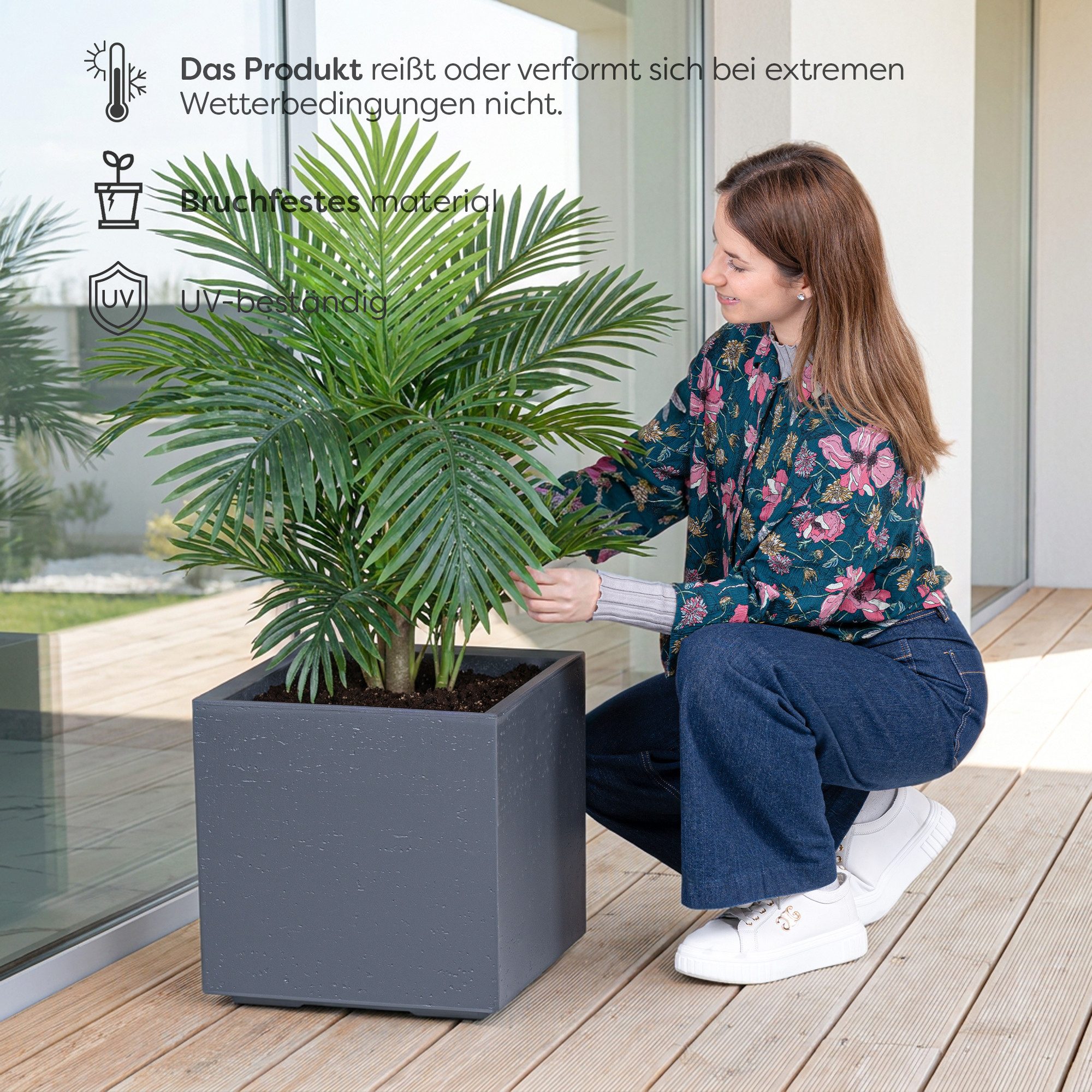 KONZEPT Pflanzkübel groß außen, Blumenkübel mit Rollen, aus Kunststoff (40 x 40 x 39 cm), ideal für Balkon, Terrasse und Garten