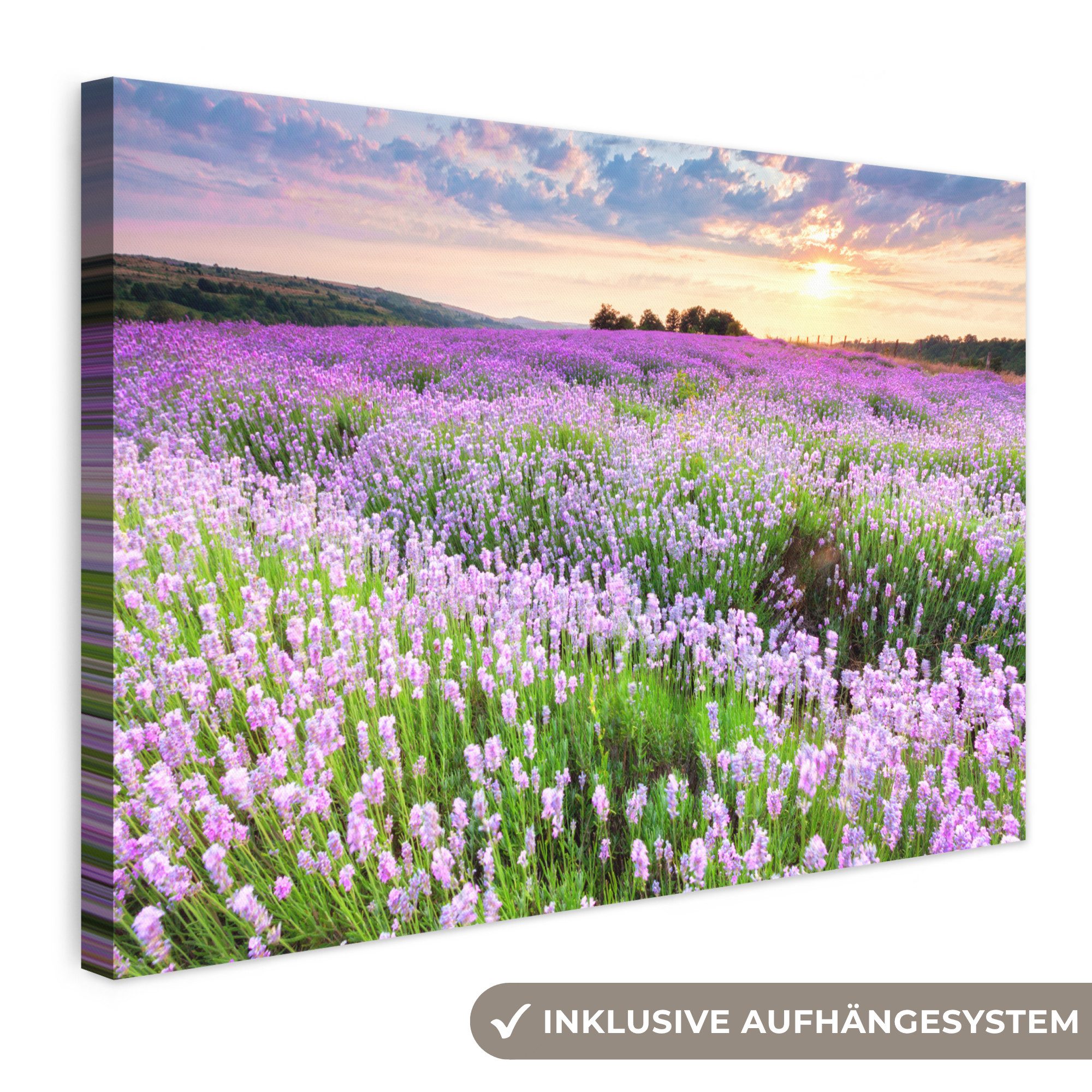OneMillionCanvasses® Leinwandbild Blumen - Lavendel - Lila - Himmel - Sonnenuntergang - Wiese - Natur, Fotodruck (1 St), Leinwand Bilder Klein, Wand Dekoration Aesthetic 30x20 cm