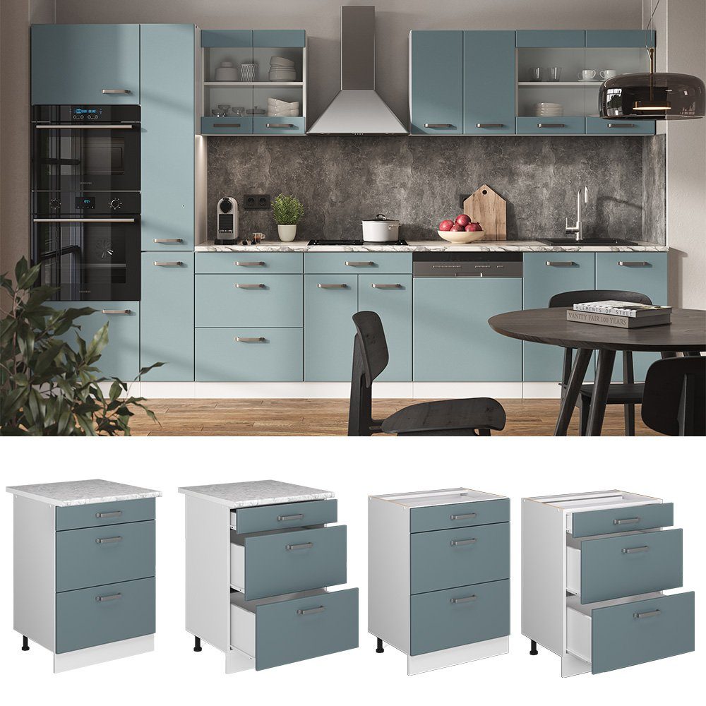 Vicco Unterschrank R-Line, Blau-Grau/Weiß, 60 cm mit Schubladen, ohne Arbeitsplatte (1-St)