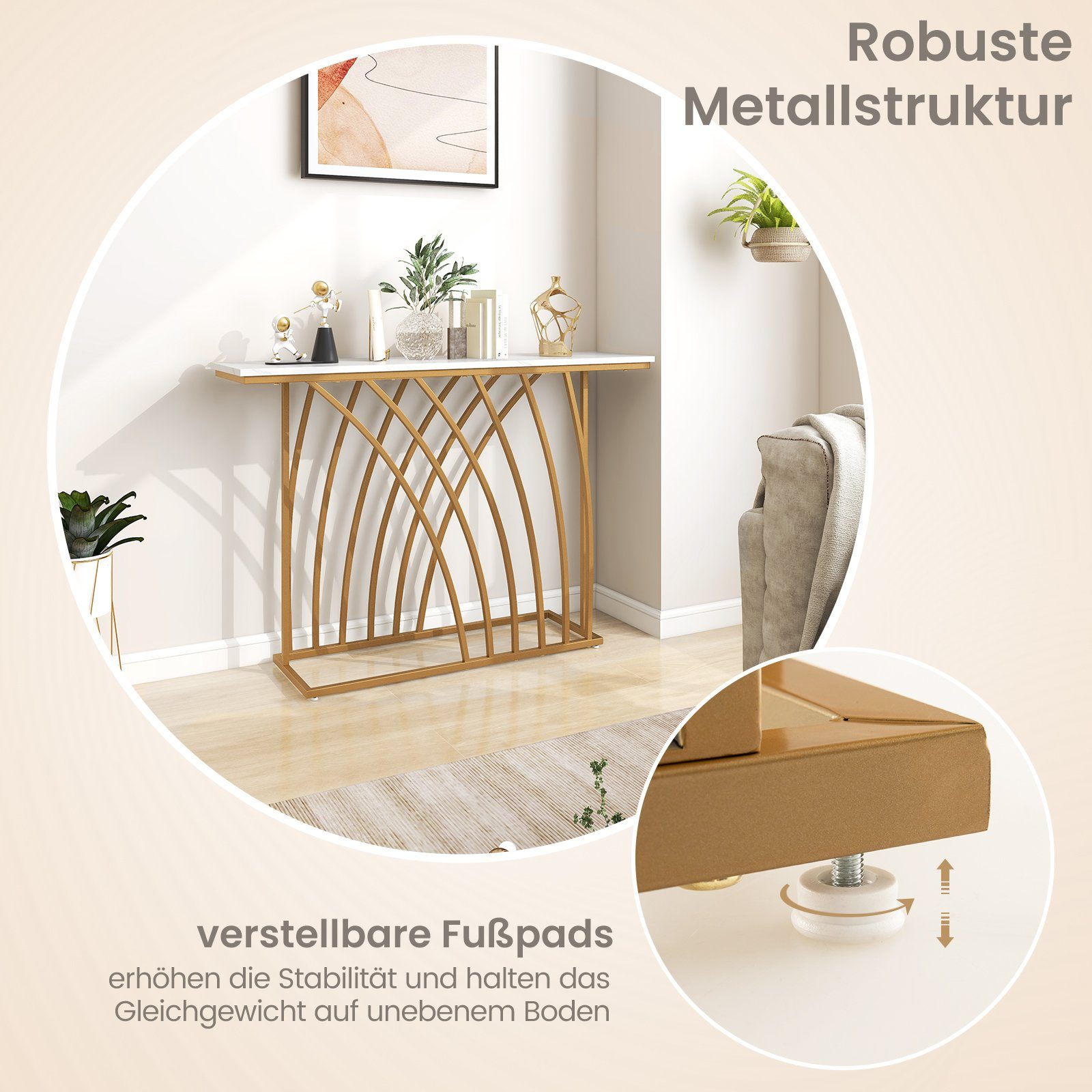 COSTWAY Konsolentisch, schmal, geometrischer 120cm Marmor, gold Metallrahmen