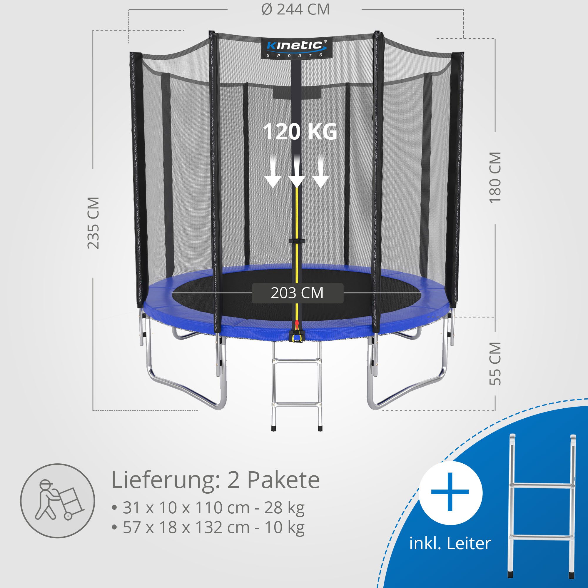 Kinetic Sports Gartentrampolin SALTO, Ø 244 cm, Kindertrampolin Set mit Sicherheitsnetz, USA Sprungtuch, Leiter