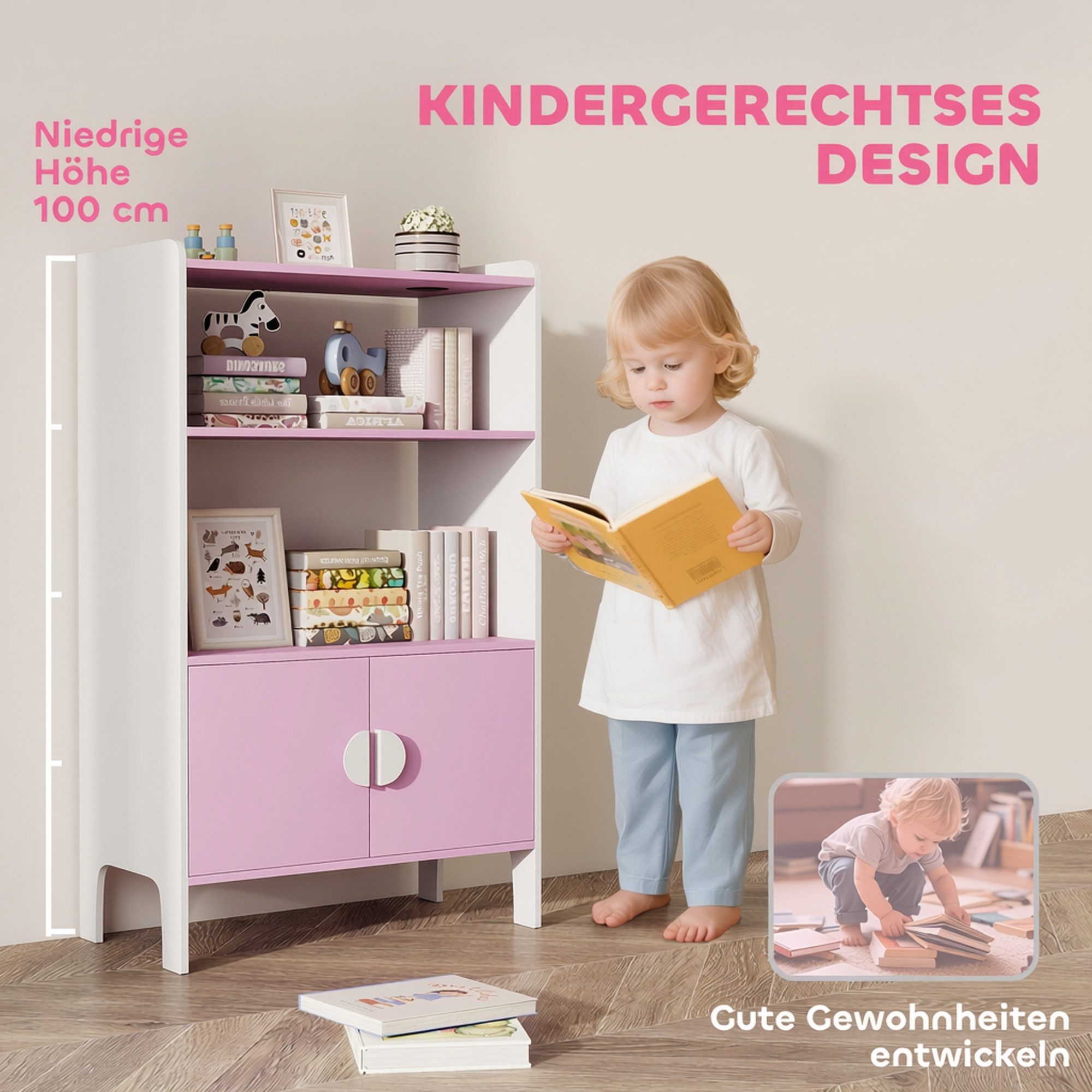 AIYAPLAY Kinderregal Aufbewahrungsregal Standregal mit Kippschutz, rutschfesten Füßen, Bücherregal Kinder 1-tlg., für Kinderzimmer 60 x 35 x 100 cm Rosa – Bild 4 von 5
