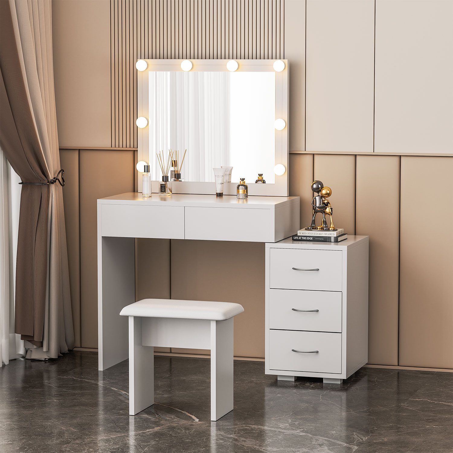 Schminktisch Schminktisch Schlafzimmer mit Spiegel und Hocker, Frisierkommode 135cm