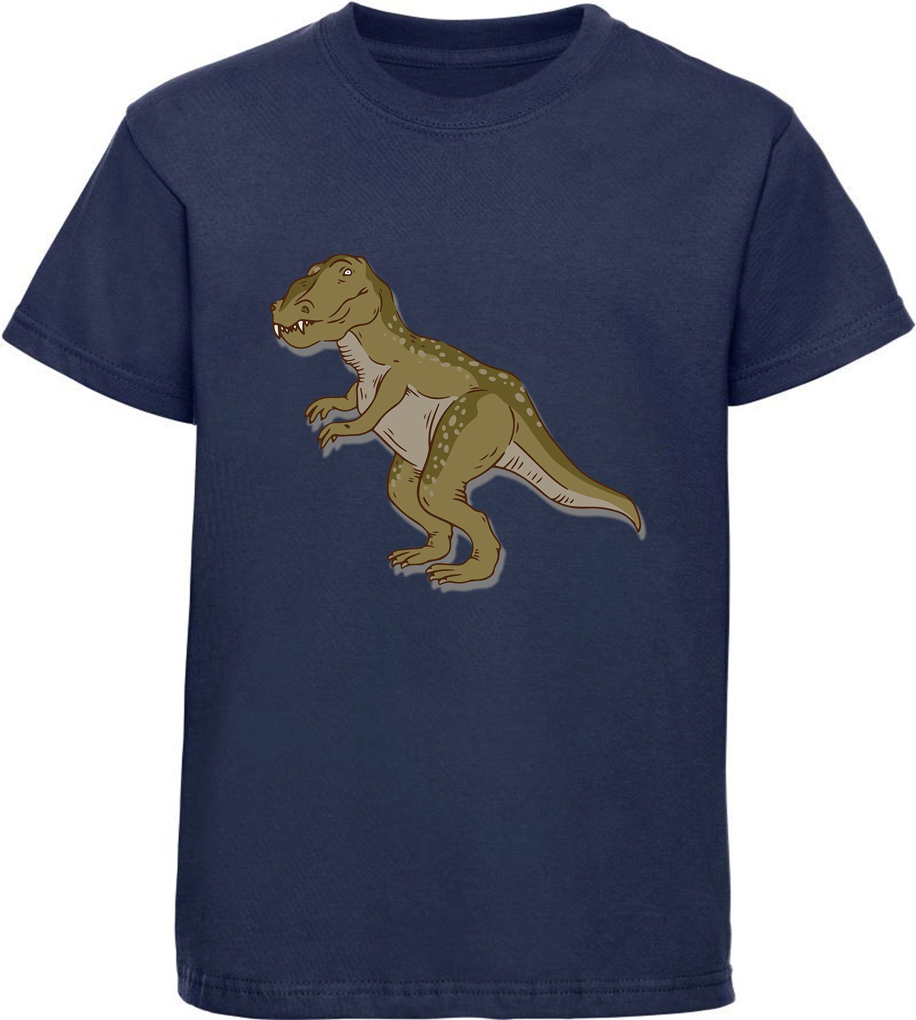 MyDesign24 Print-Shirt bedrucktes Kinder T-Shirt mit Tyrannosaurus Rex Baumwollshirt mit Dino, schwarz, weiß, rot, blau, i69 navy blau