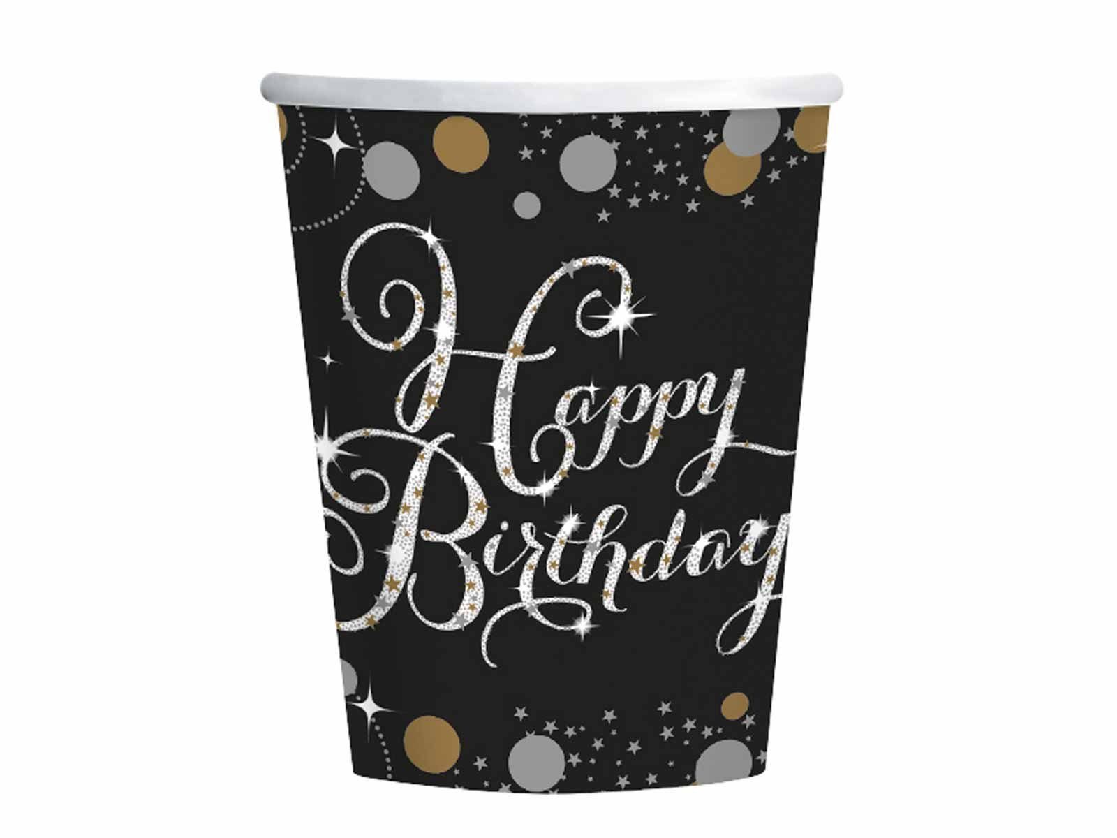 Festivalartikel Einwegbecher Happy Birthday silber Set 8 Einwegbecher Pappbecher 250 ml