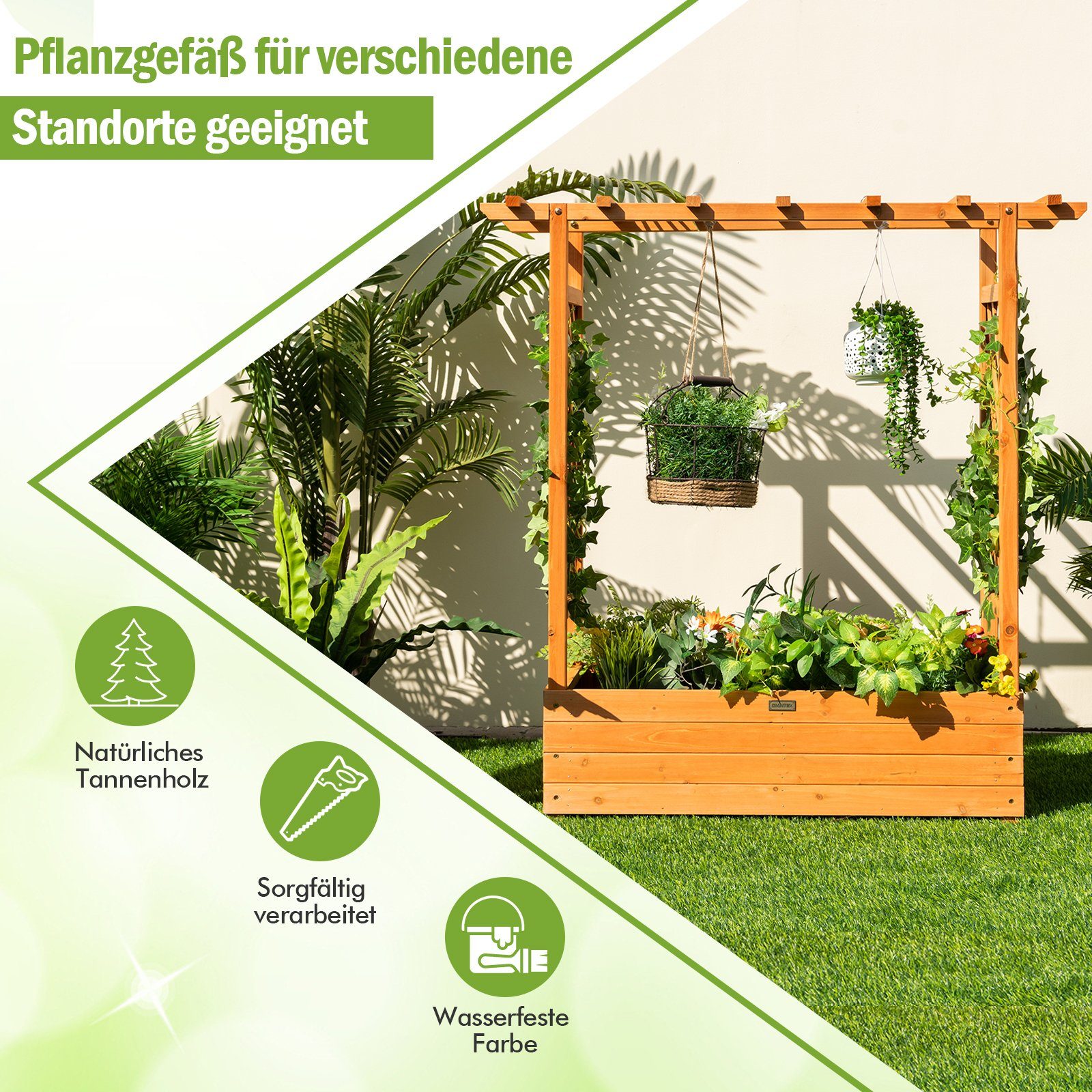 COSTWAY Hochbeet, mit Rankgitter & hängendem Dach, für Kletterpflanzen, 100x44x113,5 cm