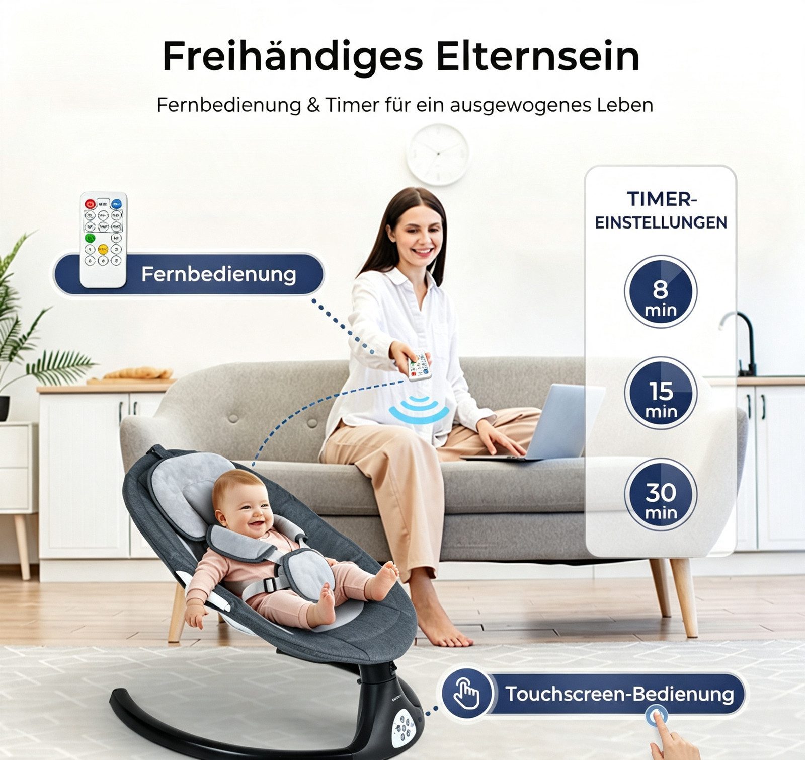 Insma Babyschaukel 5 Gang Elektrische bluetooth-Babywippe, mit 10 Liedern und Fernbedienung, Batteriekompatibel