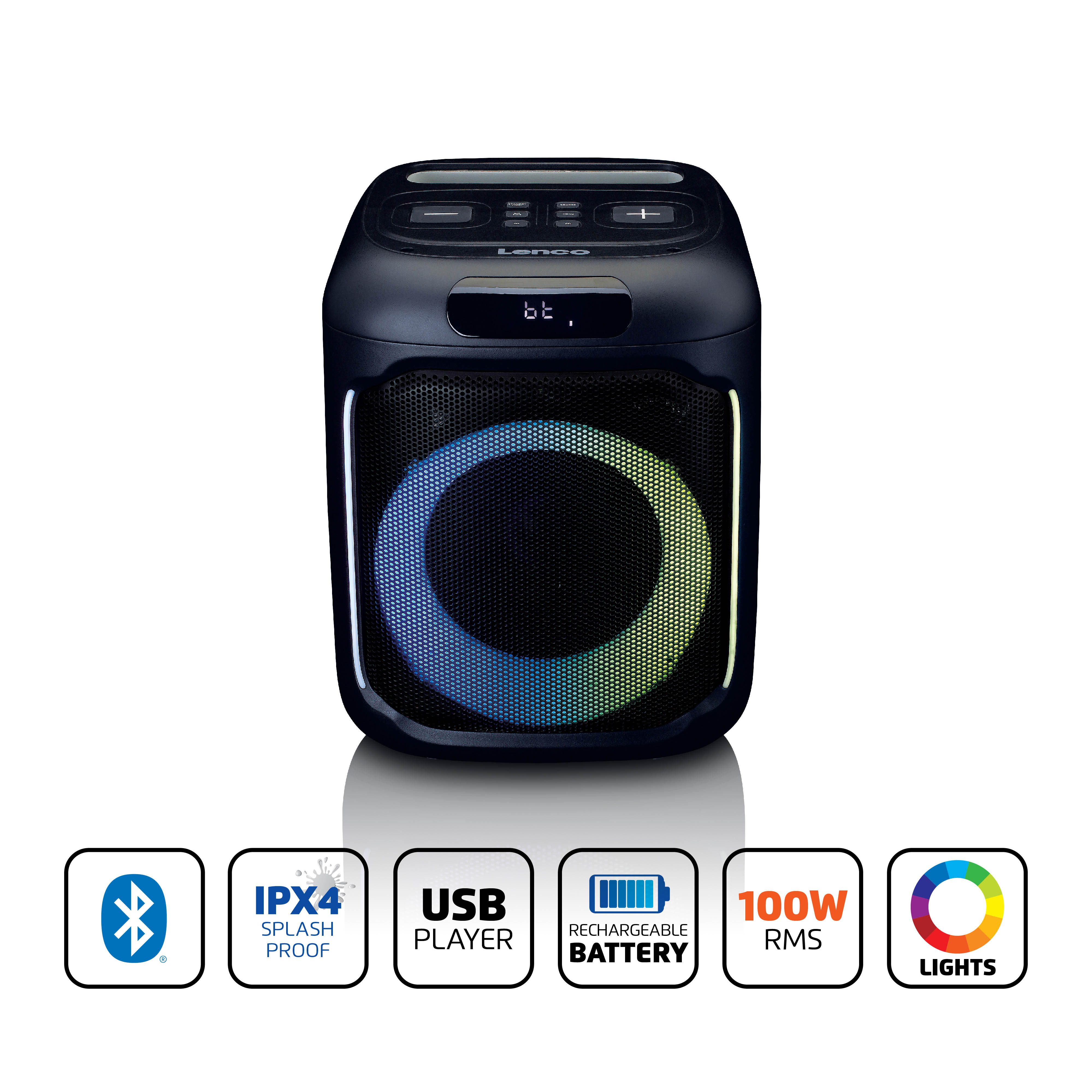 Lenco PA-101BK Bluetooth-Lautsprecher 1.0 (Bluetooth, 100 W, tragbar mit True Wireless 2.0 Stereo Sound, LED-Licht, 14h Akku & IPX4)