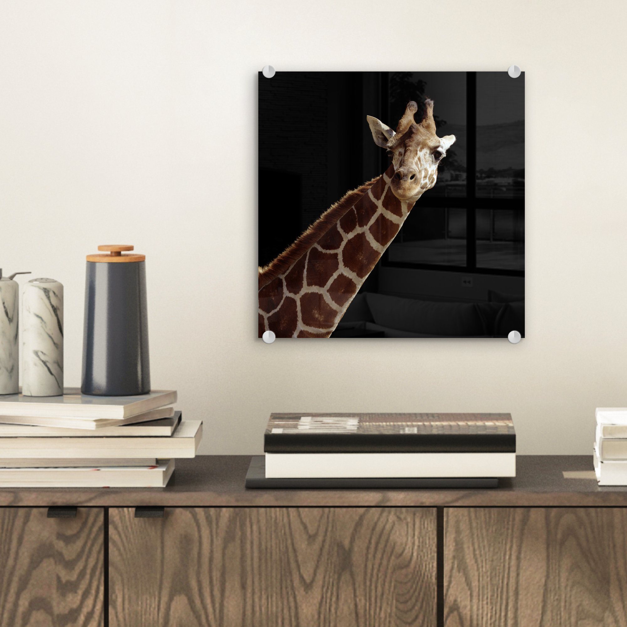 auf St), schwarzen für Porträt Bilder - Giraffe (1 MuchoWow Acrylglasbild - Glas Wandbild Foto - auf Glasbilder Glas Hintergrund, Wanddekoration