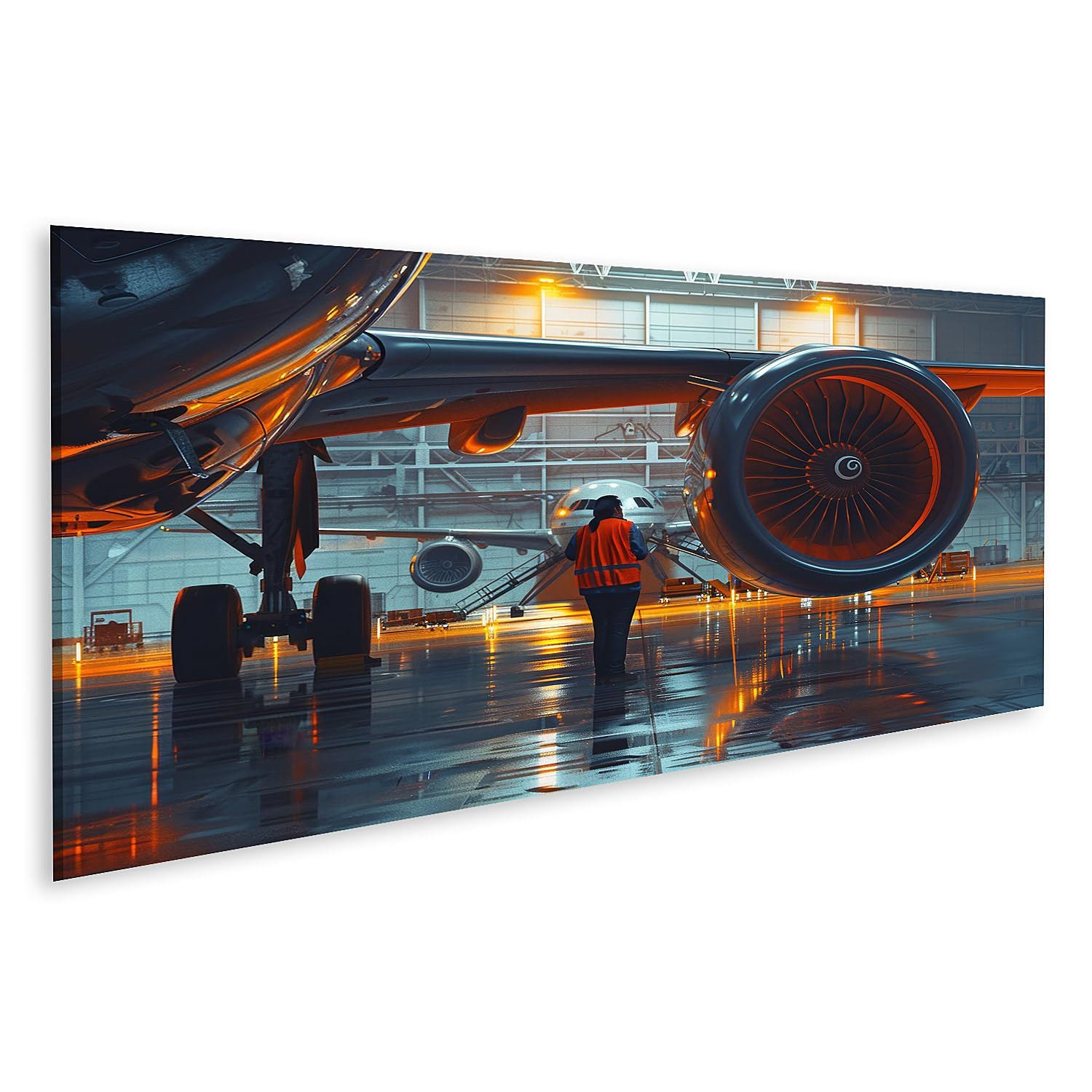 islandburner Leinwandbild Techniker in Hangar mit großen Flugzeugen Detailansicht Triebwerke