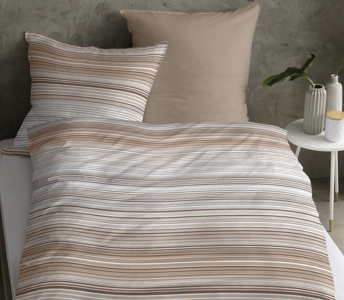 LIVING DREAMS Bettwäsche Bettwäsche-Set NATURAL STRIPES Baumwoll Satin atmungsaktiv, satin, 2 teilig, feine Querstreifen Wende-Bettwäsche hautfreundlich